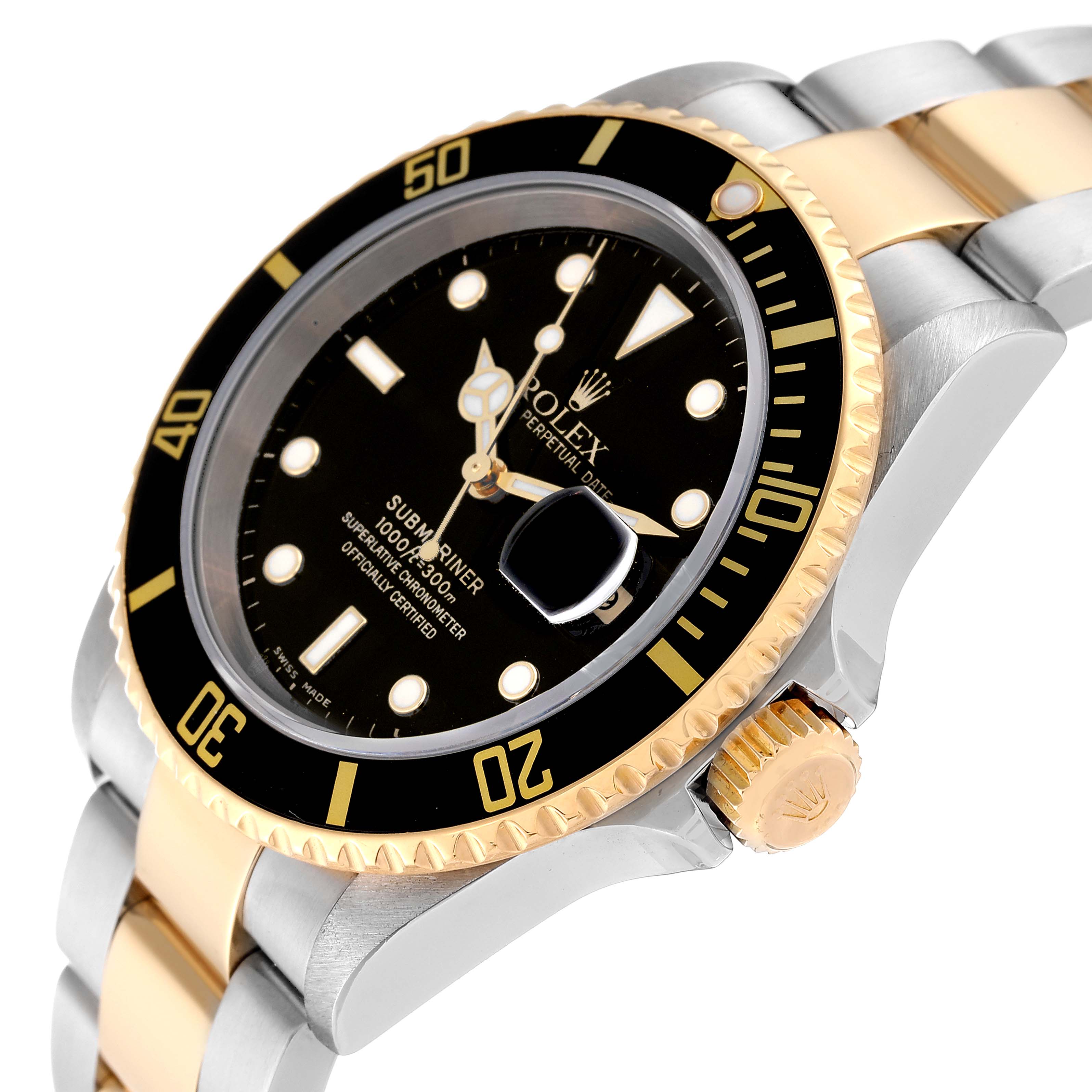 The Rolex Submariner 16613 Men's Steel and Gold (two tone) Black Dial 16613 Men's Steel and Gold (two tone) Black Dial watch is shown from a 3/4 angle, highlighting its bezel, dial, crown, and bracelet.
