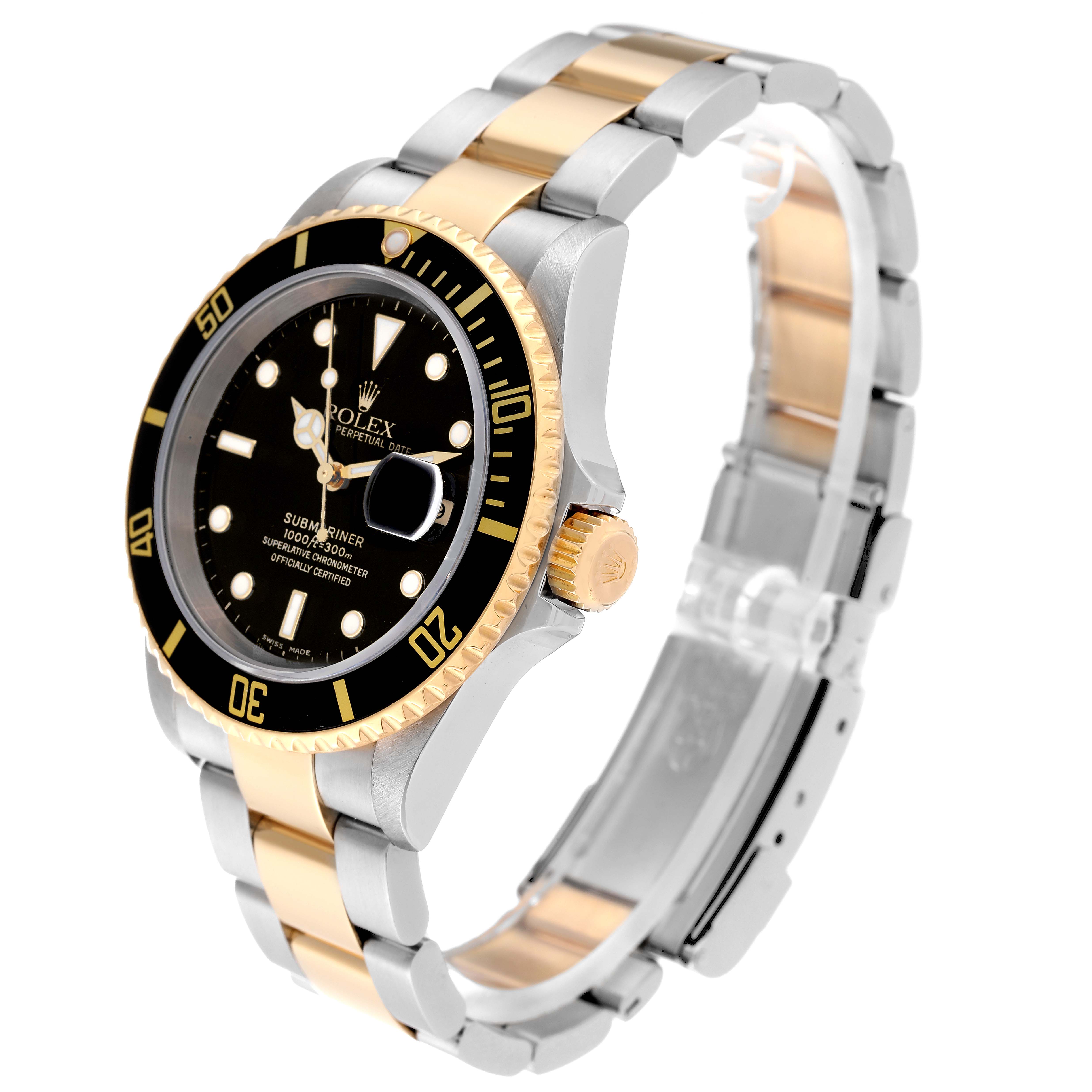The image shows a Rolex Submariner 16613 Men's Steel and Gold (two tone) Black Dial 16613 Men's Steel and Gold (two tone) Black Dial watch at a slight side angle, highlighting the black dial, bezel, and two-tone bracelet.