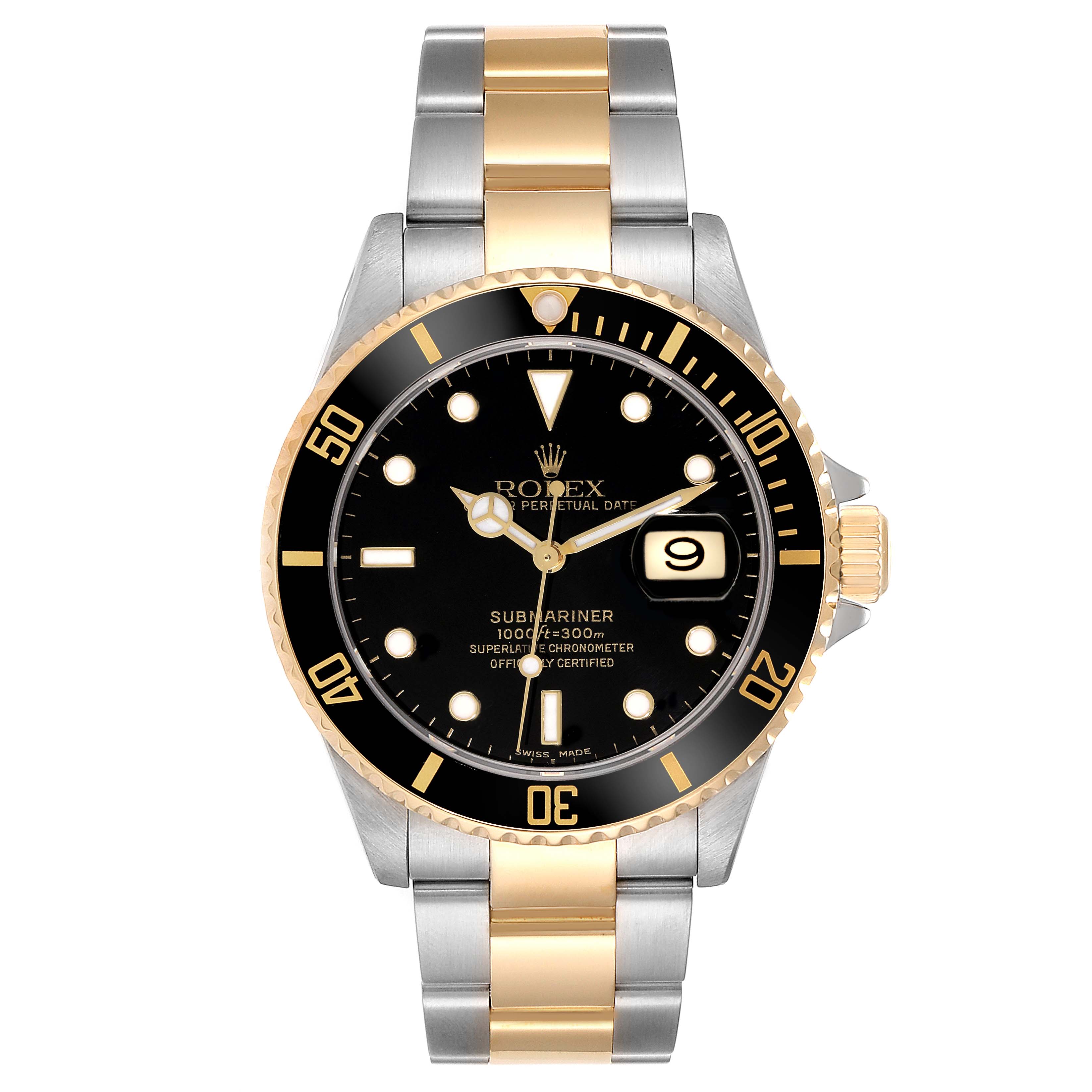 The image shows a Rolex Submariner 16613 Men's Steel and Gold (two tone) Black Dial 16613 Men's Steel and Gold (two tone) Black Dial watch from a front angle, highlighting its two-tone bracelet, black dial, and date window.