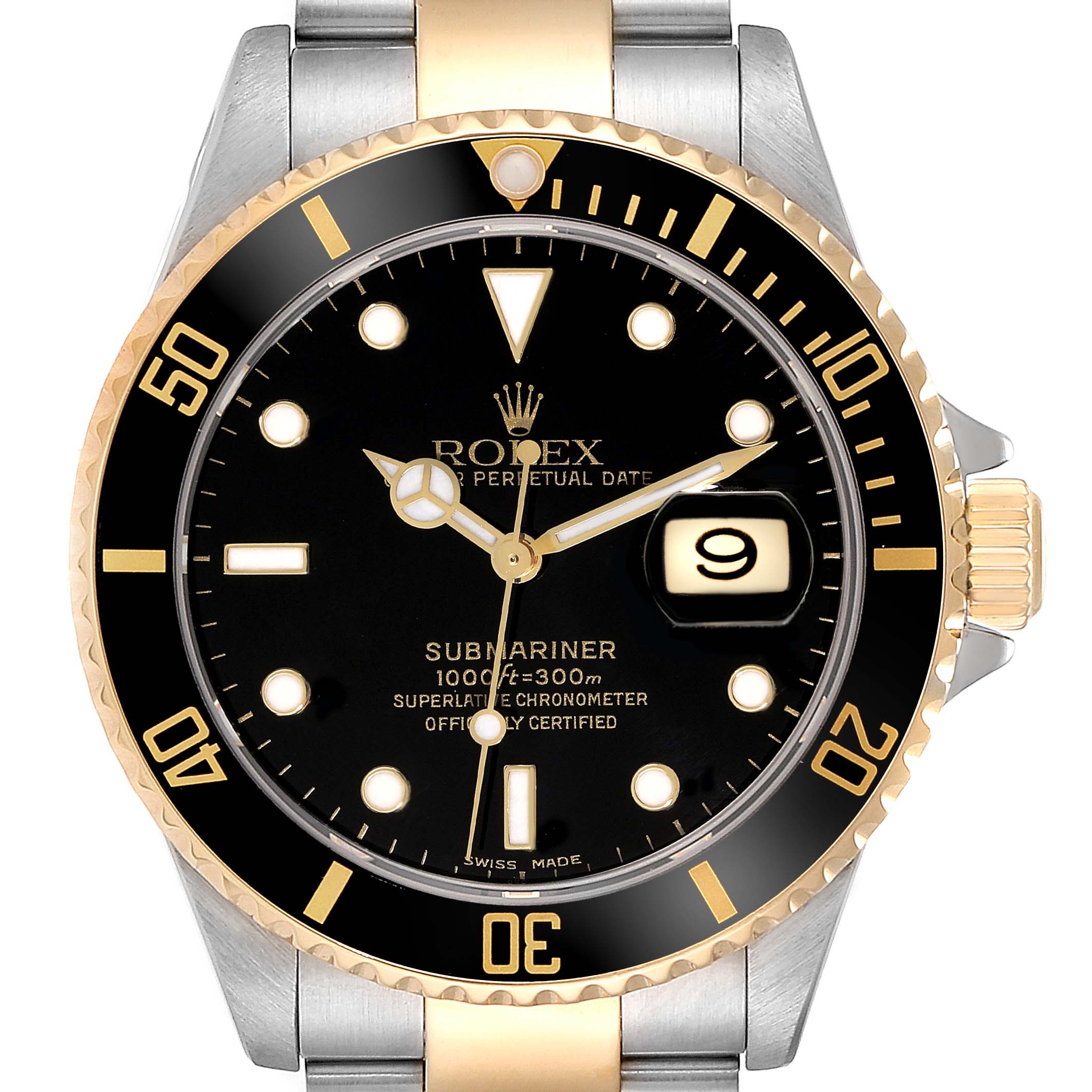 The image shows a front view of the Rolex Submariner 16613 Men's Steel and Gold (two tone) Black Dial 16613 Men's Steel and Gold (two tone) Black Dial watch, highlighting its black dial, date window, and two-tone bracelet.