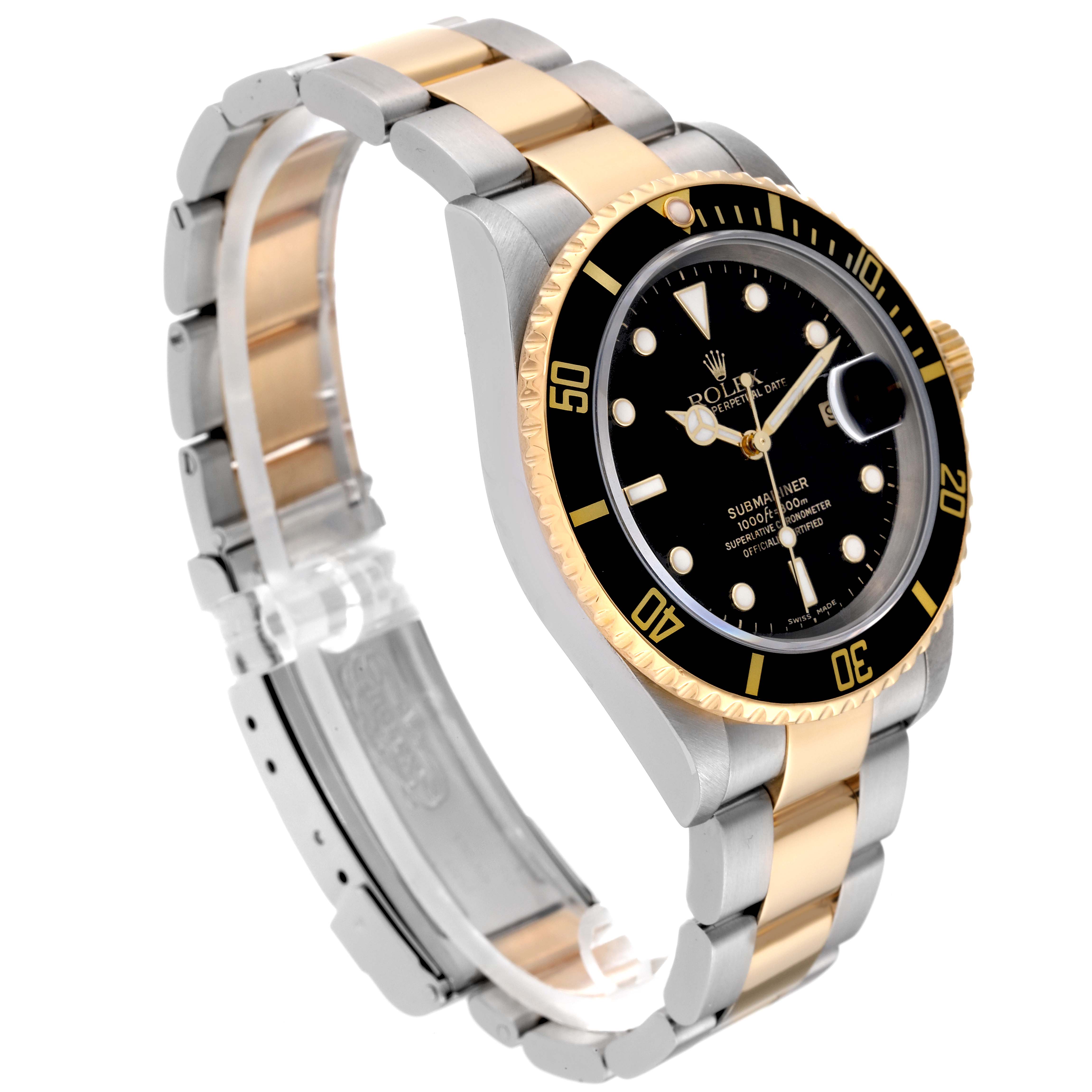 The image shows a Rolex Submariner 16613 Men's Steel and Gold (two tone) Black Dial 16613 Men's Steel and Gold (two tone) Black Dial watch at a three-quarter angle, highlighting the dial, bezel, and bracelet.