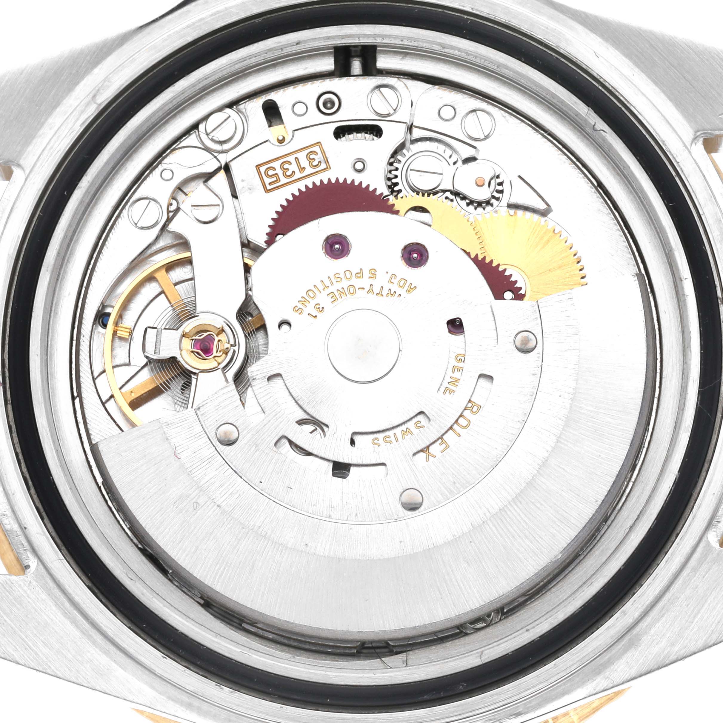 This image shows the inner mechanical movement of a Rolex Submariner 16613 Men's Steel and Gold (two tone) Black Dial 16613 Men's Steel and Gold (two tone) Black Dial watch viewed from the back case.