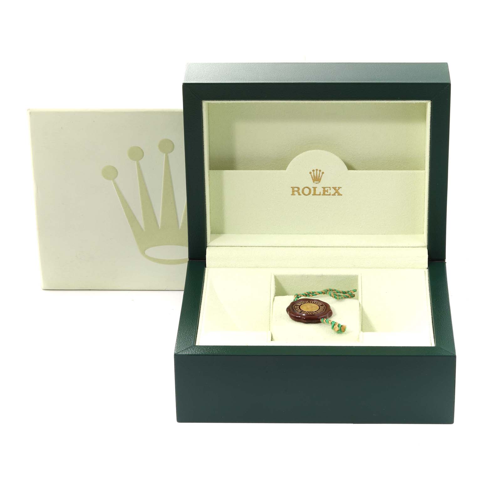 The image shows a green Rolex Submariner 16613 Men's Steel and Gold (two tone) Black Dial 16613 Men's Steel and Gold (two tone) Black Dial watch box, its open lid, and an accompanying tag inside.