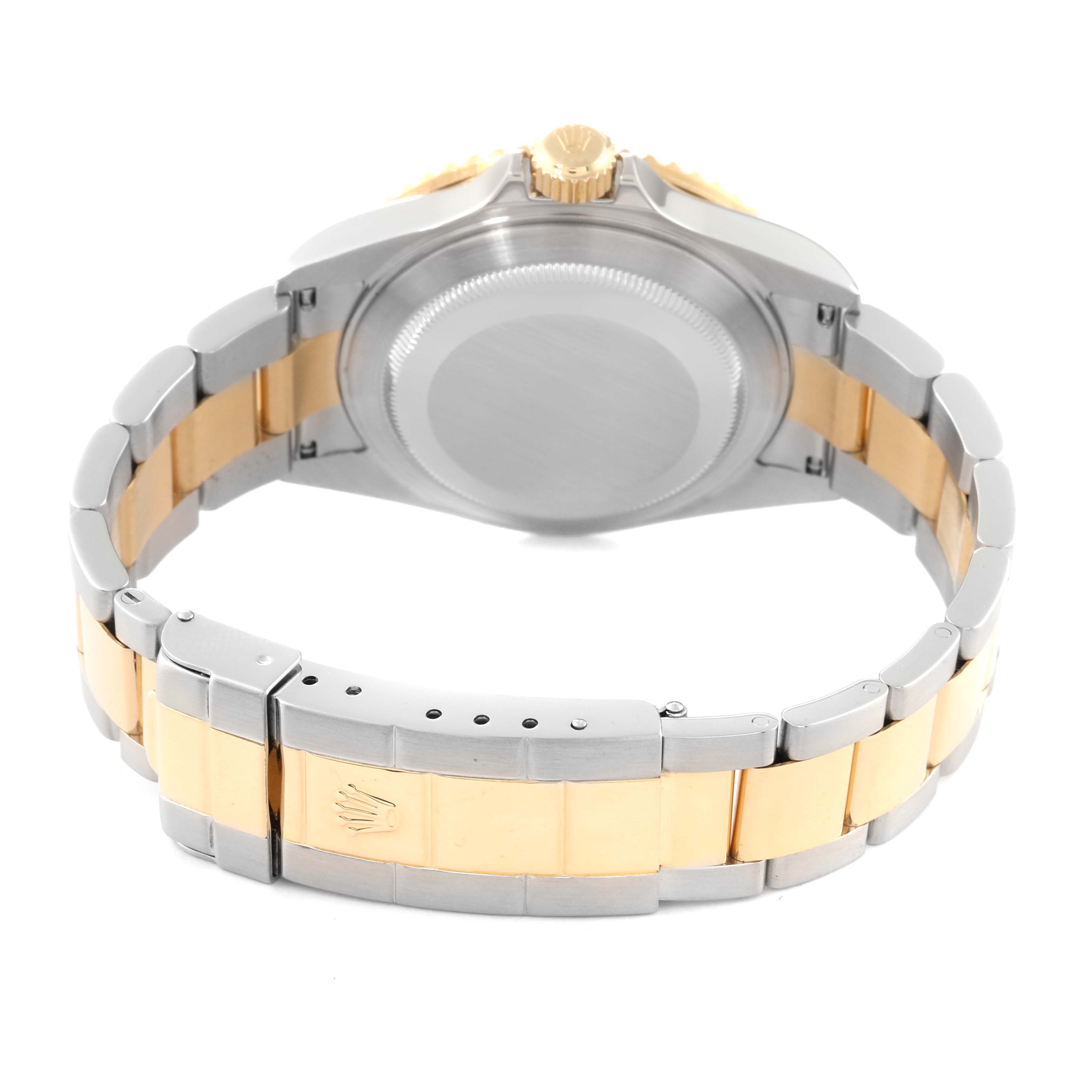 The image shows the back case and bracelet of a Rolex Submariner 16613 Men's Steel and Gold (two tone) Black Dial 16613 Men's Steel and Gold (two tone) Black Dial watch from a rear angle.