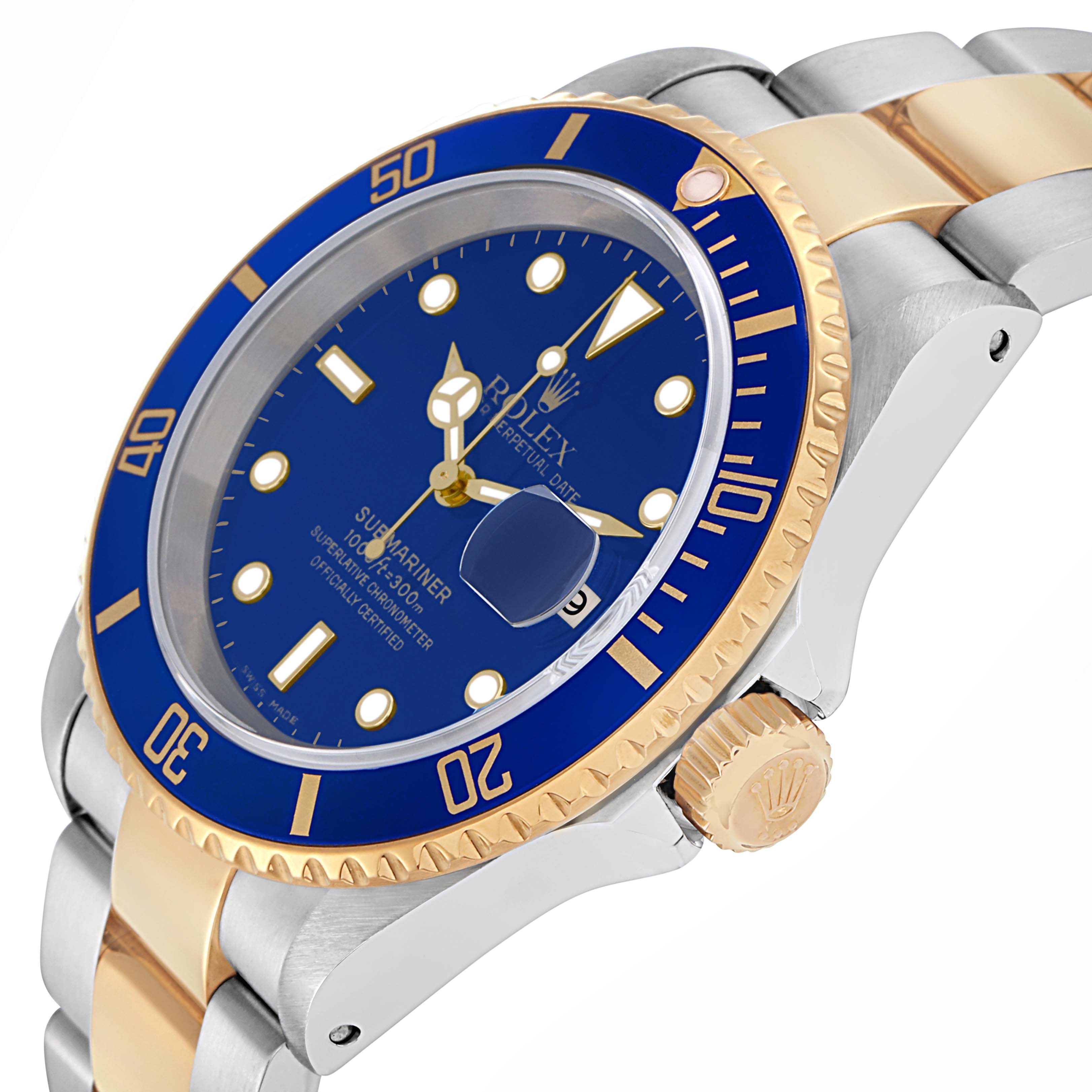 The Rolex Submariner 16613 Men's Steel and Gold (two tone) Blue Dial 16613 Men's Steel and Gold (two tone) Blue Dial is shown at an oblique angle highlighting the blue dial, gold bezel, and two-tone bracelet.