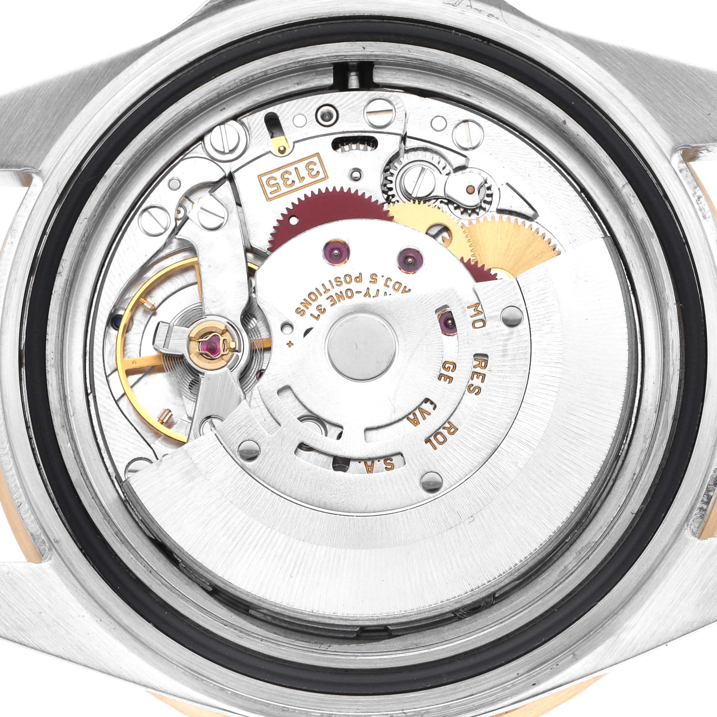 The image shows the back of a Rolex Submariner 16613 Men's Steel and Gold (two tone) Blue Dial 16613 Men's Steel and Gold (two tone) Blue Dial, focusing on the internal movement and mechanical parts.