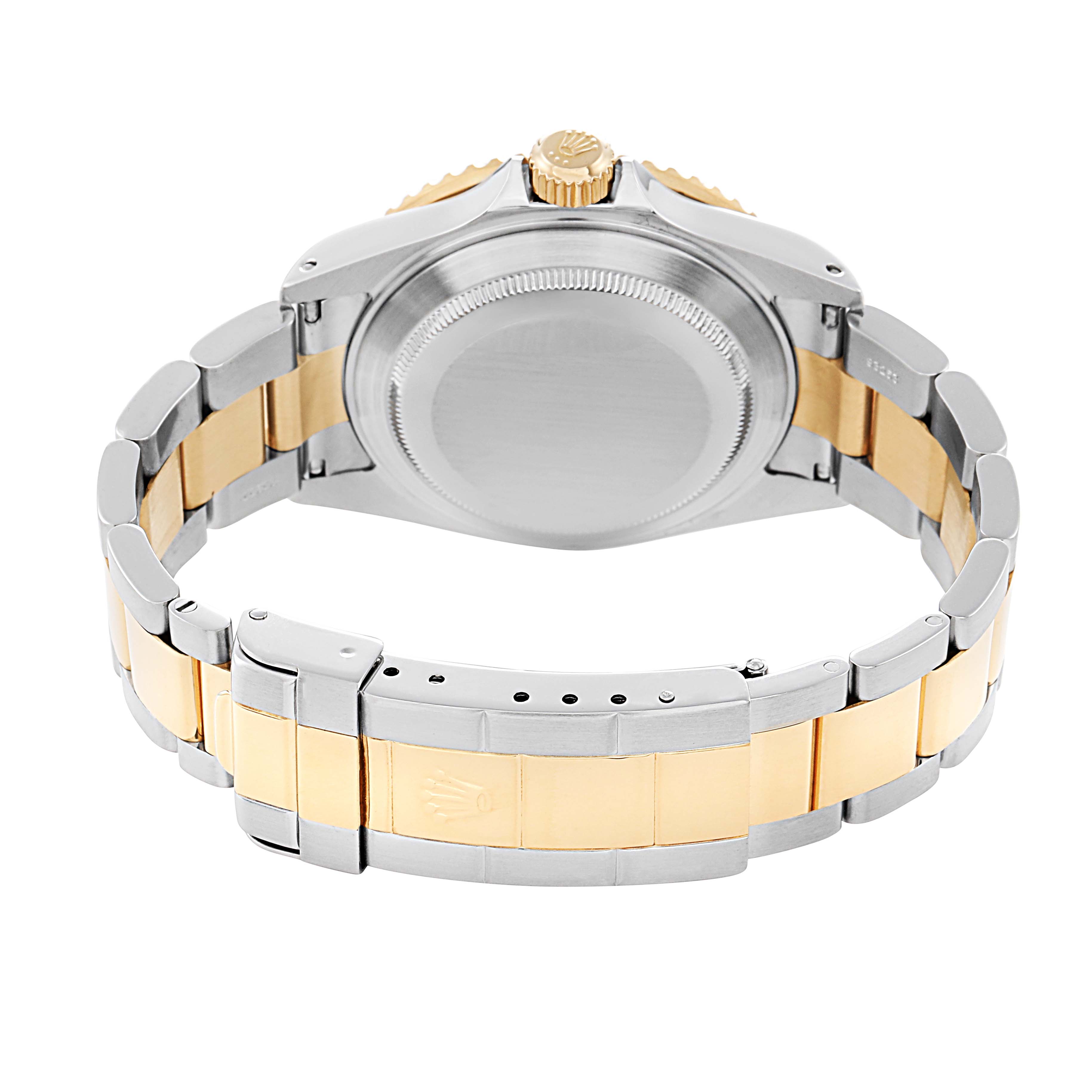 The image shows the back view of a Rolex Submariner 16613 Men's Steel and Gold (two tone) Blue Dial 16613 Men's Steel and Gold (two tone) Blue Dial, featuring the case back, crown, and two-tone bracelet.