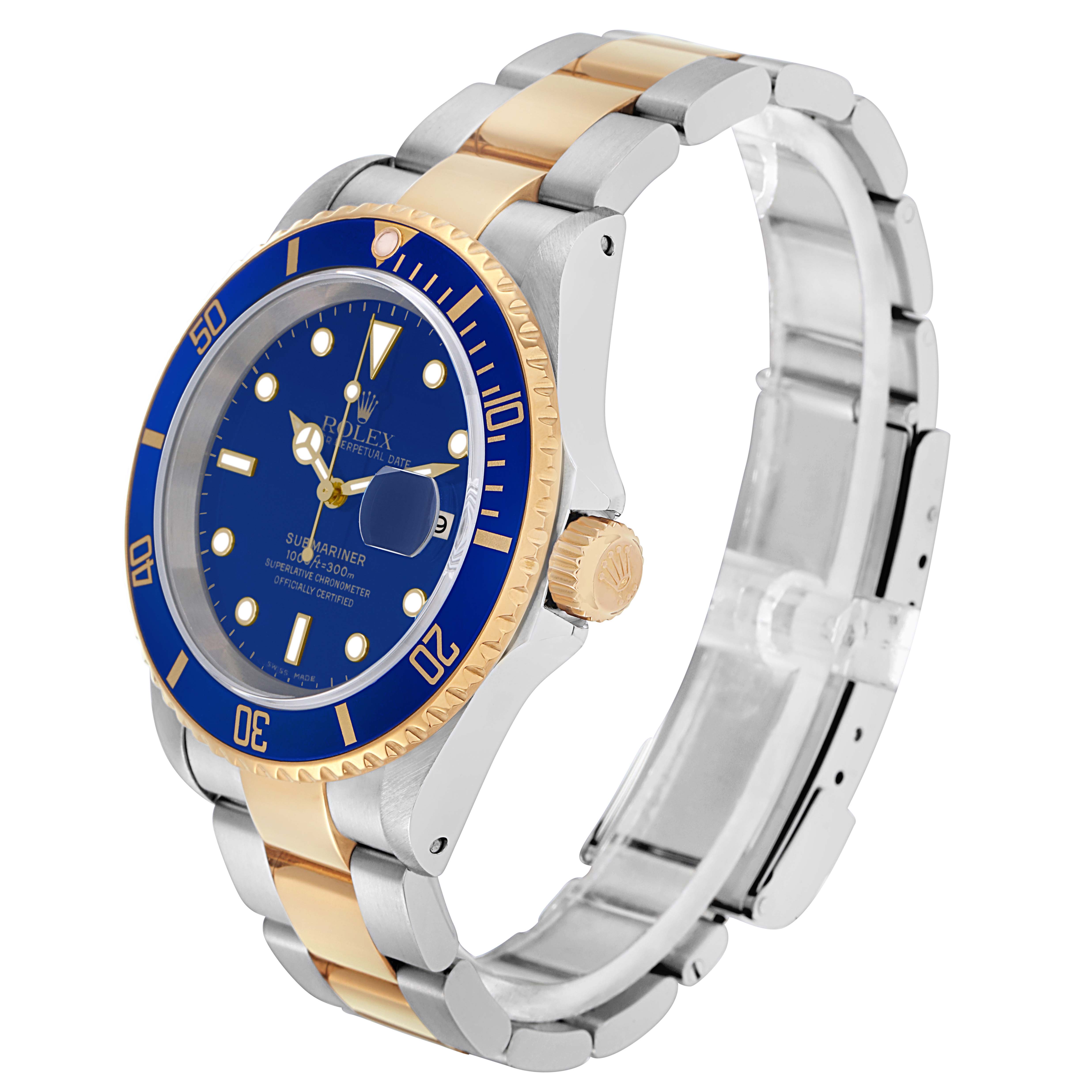 The Rolex Submariner 16613 Men's Steel and Gold (two tone) Blue Dial 16613 Men's Steel and Gold (two tone) Blue Dial watch is shown at a slight angle, displaying the blue dial, bezel, case, bracelet, and crown.