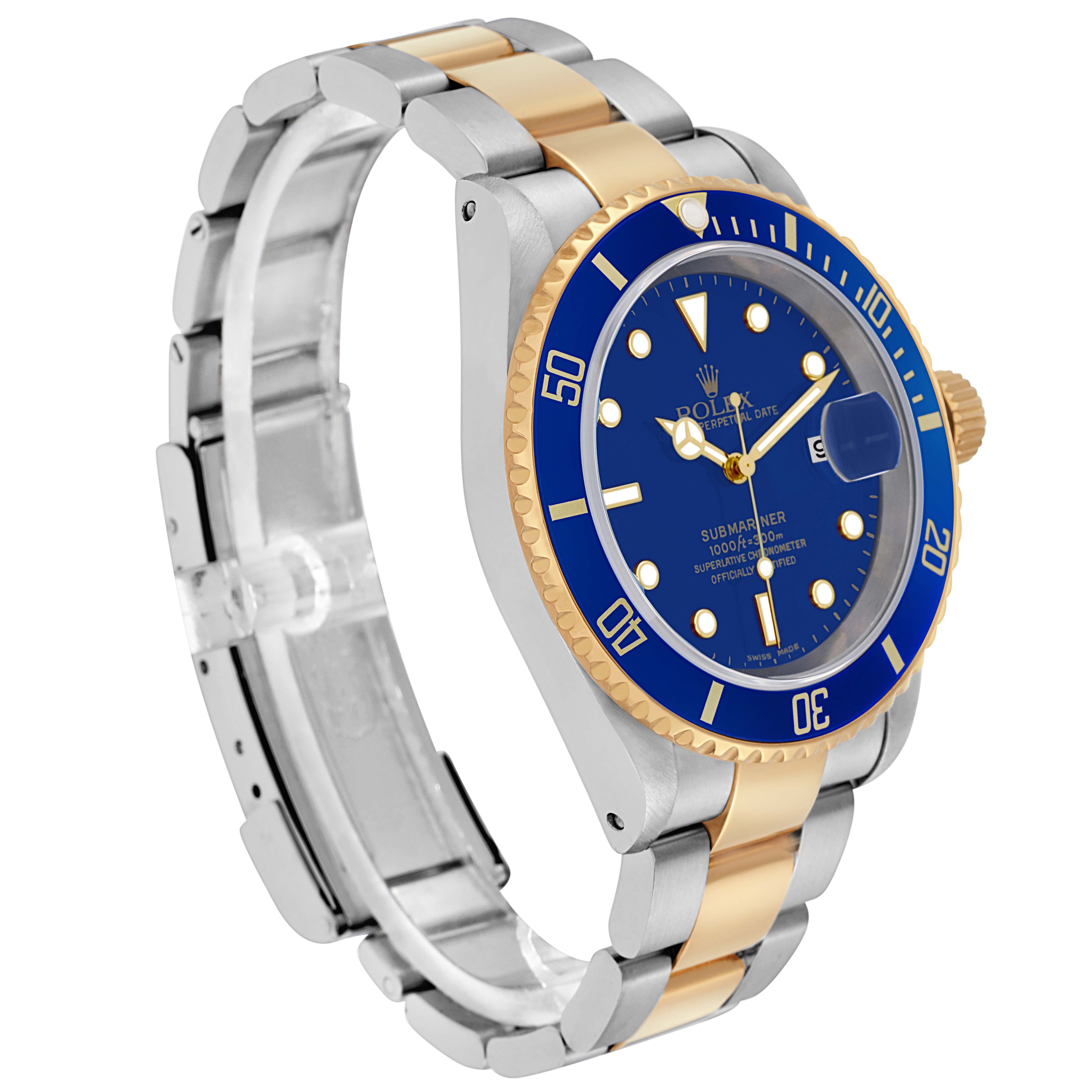 The Rolex Submariner 16613 Men's Steel and Gold (two tone) Blue Dial 16613 Men's Steel and Gold (two tone) Blue Dial watch is shown at a three-quarter angle, highlighting its blue dial, bezel, and two-tone bracelet.