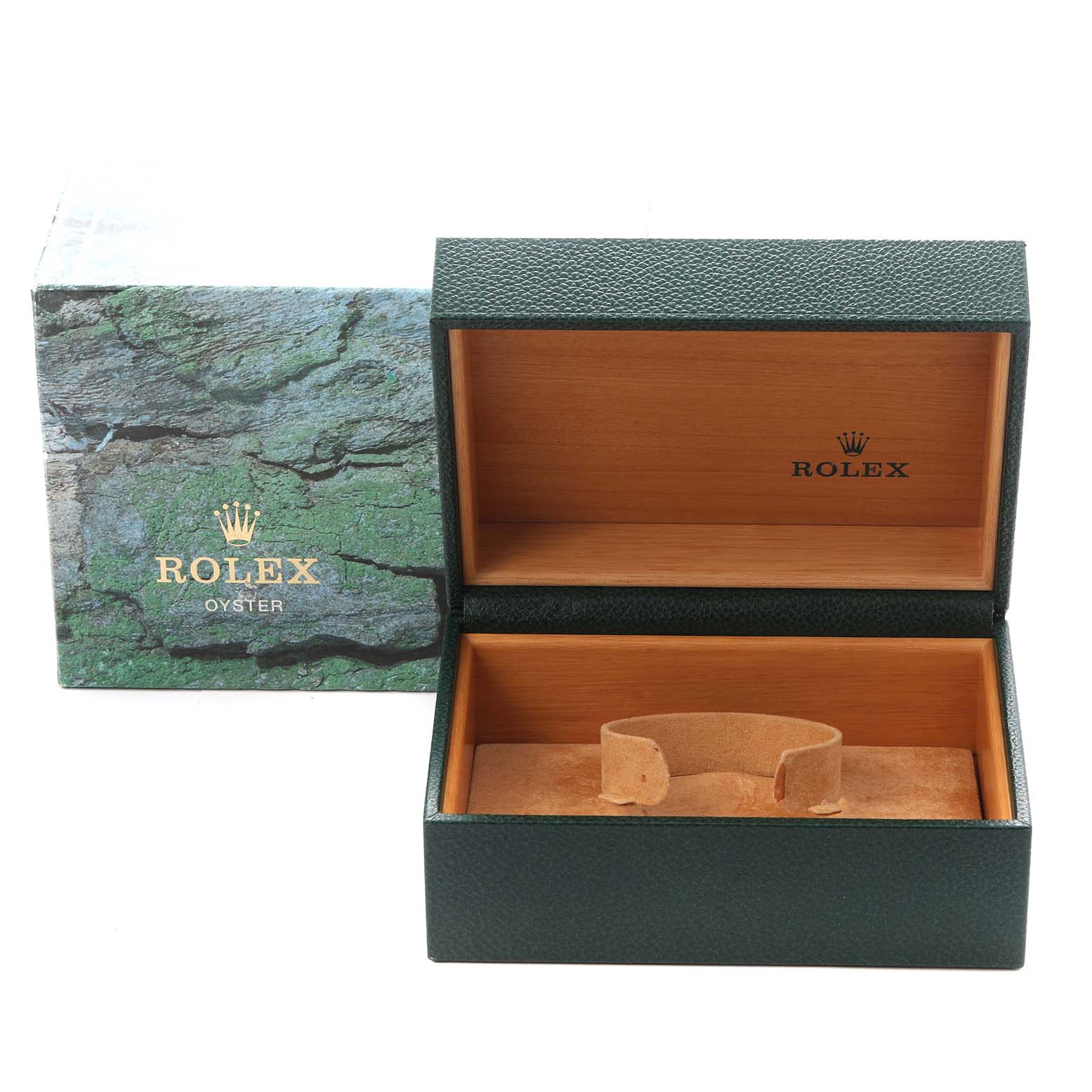 The image shows an open Rolex Submariner 16613 Men's Steel and Gold (two tone) Blue Dial 16613 Men's Steel and Gold (two tone) Blue Dial box at an angle, highlighting its interior and green textured exterior.