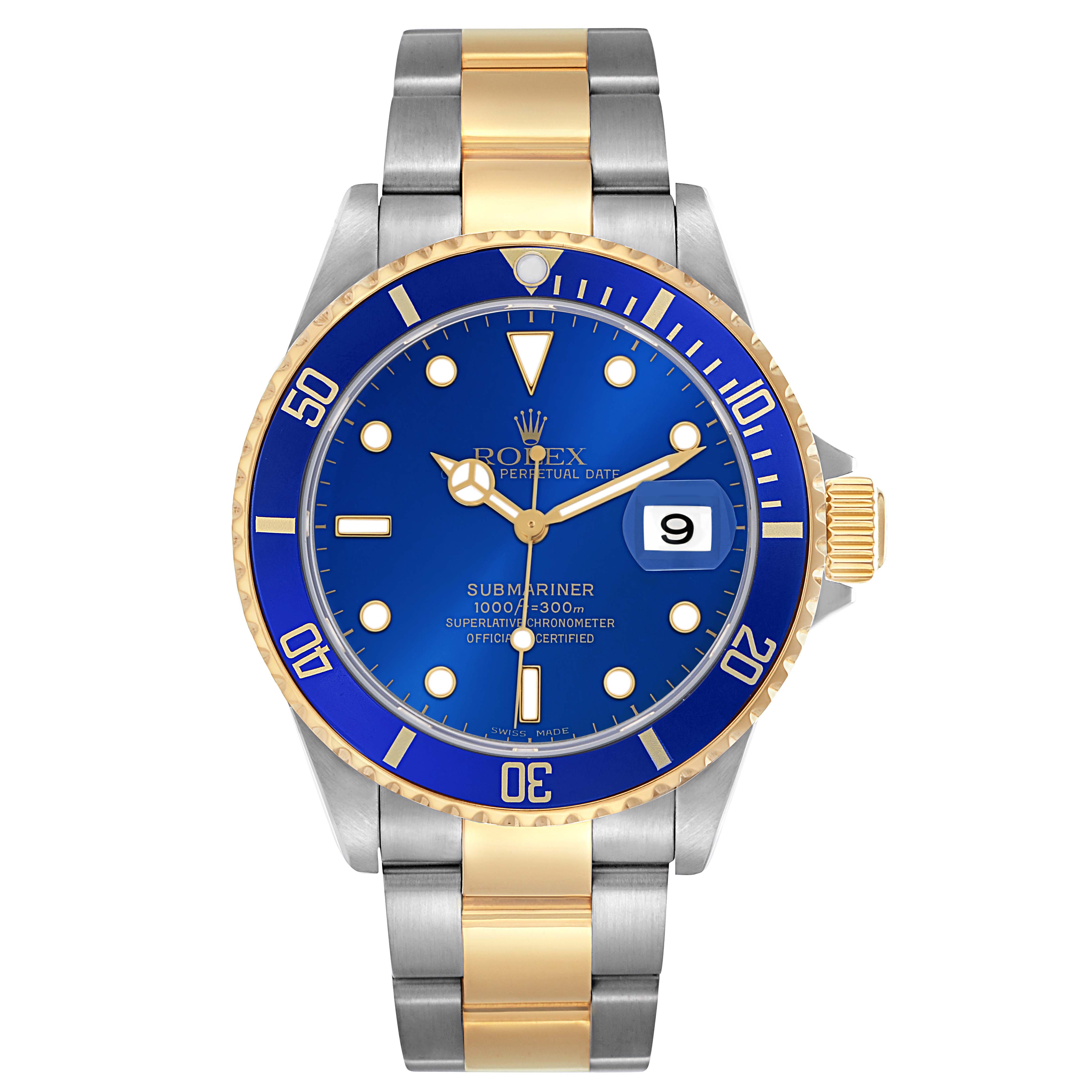 The Rolex Submariner 16613 Men's Steel and Gold (two tone) Blue Dial 16613 Men's Steel and Gold (two tone) Blue Dial watch is shown from a front angle, highlighting its blue dial, bezel, and two-tone metal bracelet.