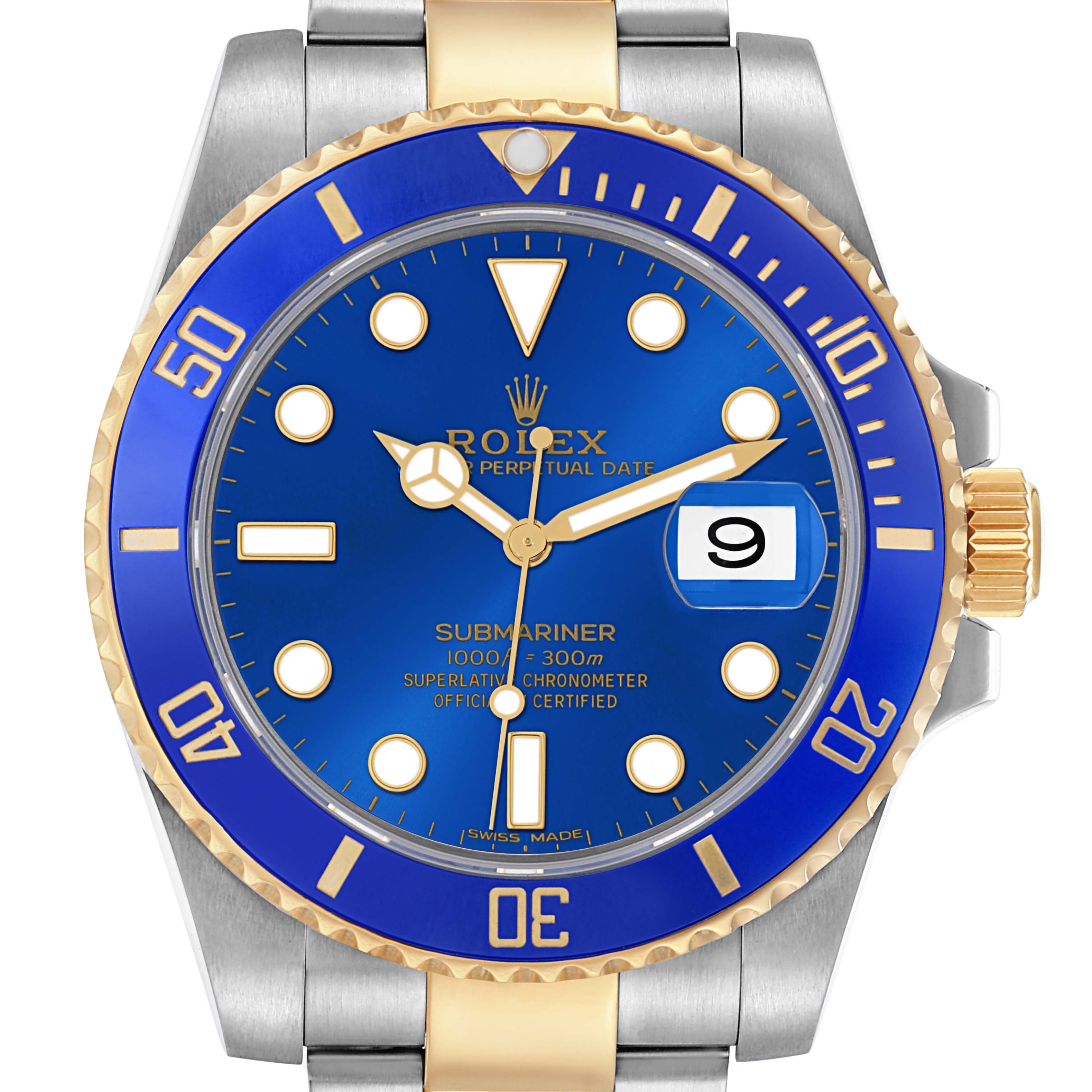 The Rolex Submariner 116613 Men's Steel and Gold (two tone) Blue Dial 116613 Men's Steel and Gold (two tone) Blue Dial watch is shown from a front angle, highlighting its blue dial, bezel, date, and two-tone bracelet.
