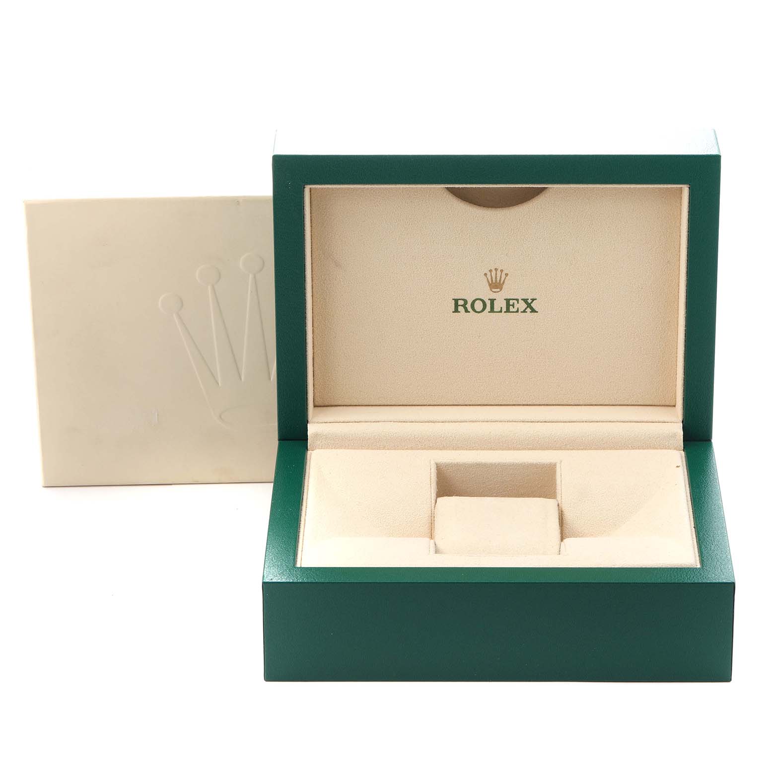 The image shows an open Rolex Submariner 116613 Men's Steel and Gold (two tone) Blue Dial 116613 Men's Steel and Gold (two tone) Blue Dial watch box with the brand logo inside and a beige interior.