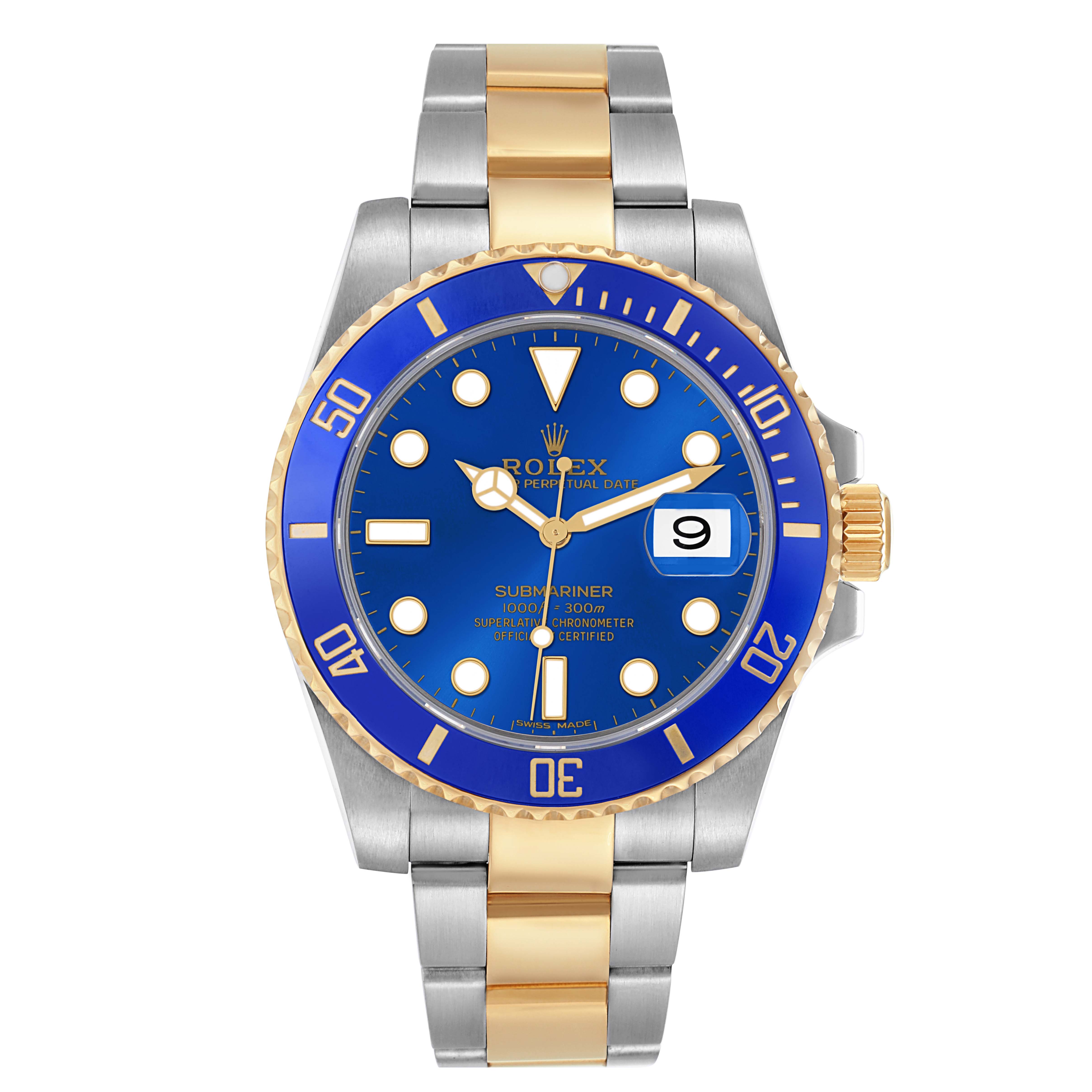 The Rolex Submariner 116613 Men's Steel and Gold (two tone) Blue Dial 116613 Men's Steel and Gold (two tone) Blue Dial watch is shown from a front view, highlighting the blue dial, bezel, and two-tone bracelet.
