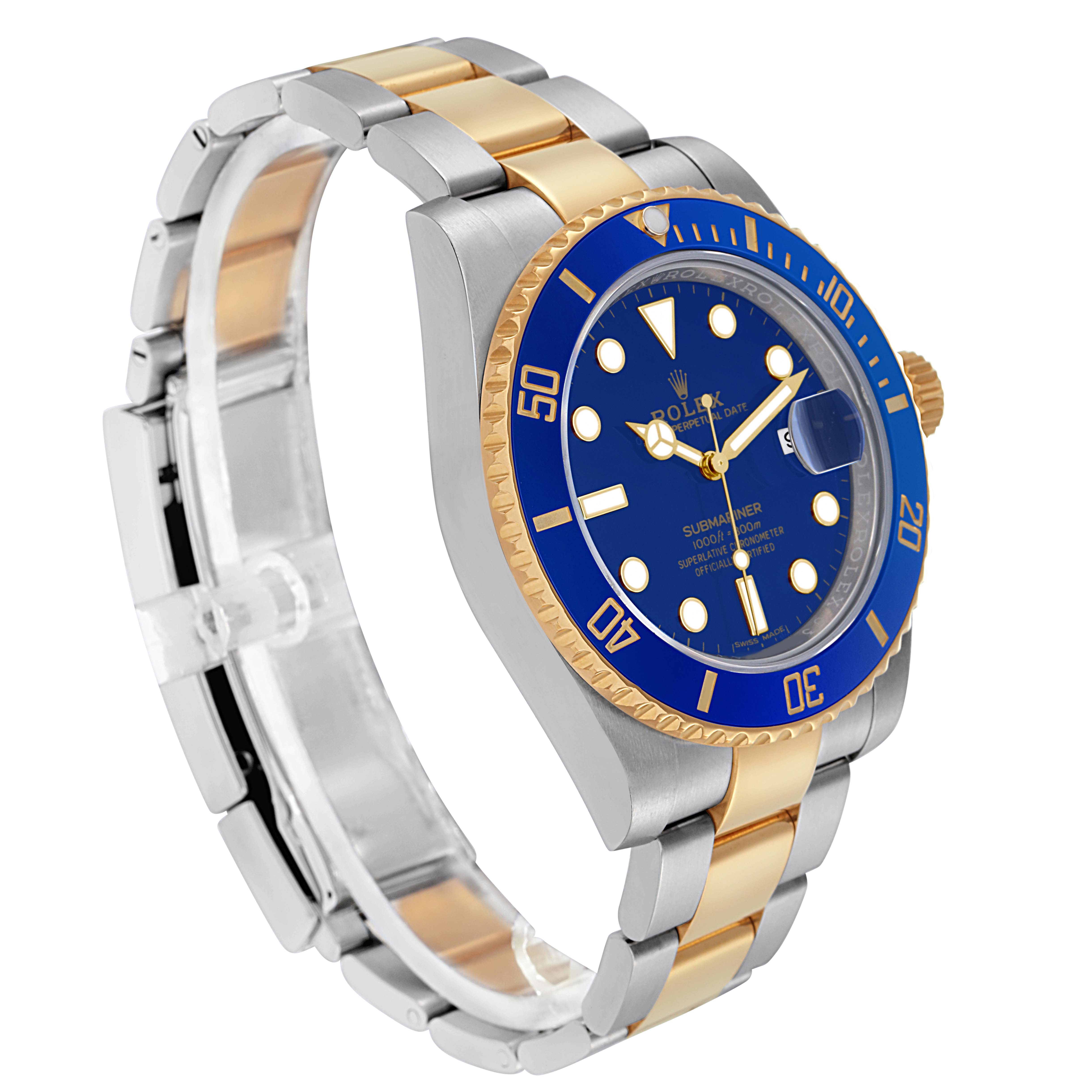 The Rolex Submariner 116613 Men's Steel and Gold (two tone) Blue Dial 116613 Men's Steel and Gold (two tone) Blue Dial watch is shown at a three-quarter angle, displaying the blue dial, bezel, and two-tone bracelet.