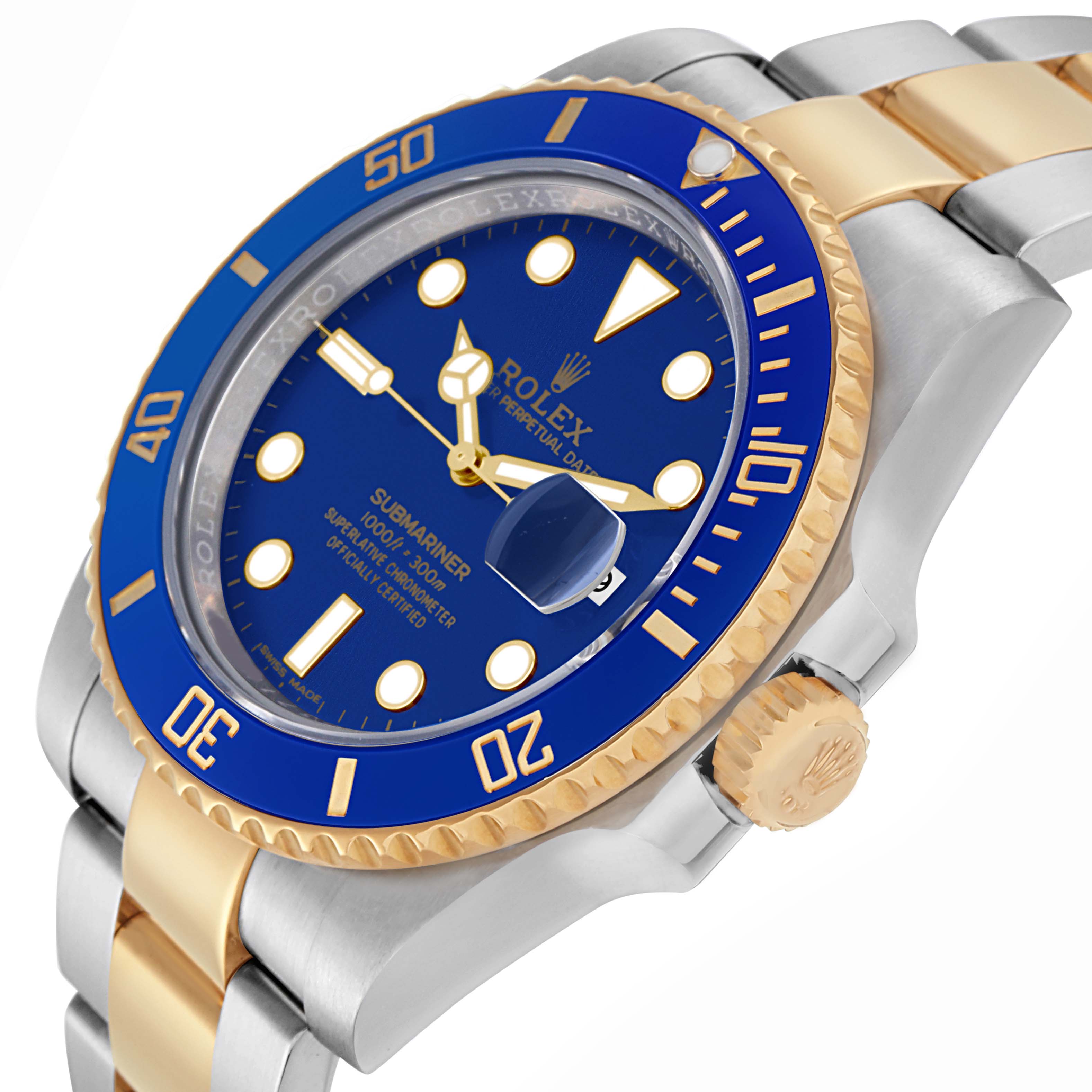 The Rolex Submariner 116613 Men's Steel and Gold (two tone) Blue Dial 116613 Men's Steel and Gold (two tone) Blue Dial watch is shown at an angle highlighting the blue dial, bezel, crown, and two-tone bracelet.