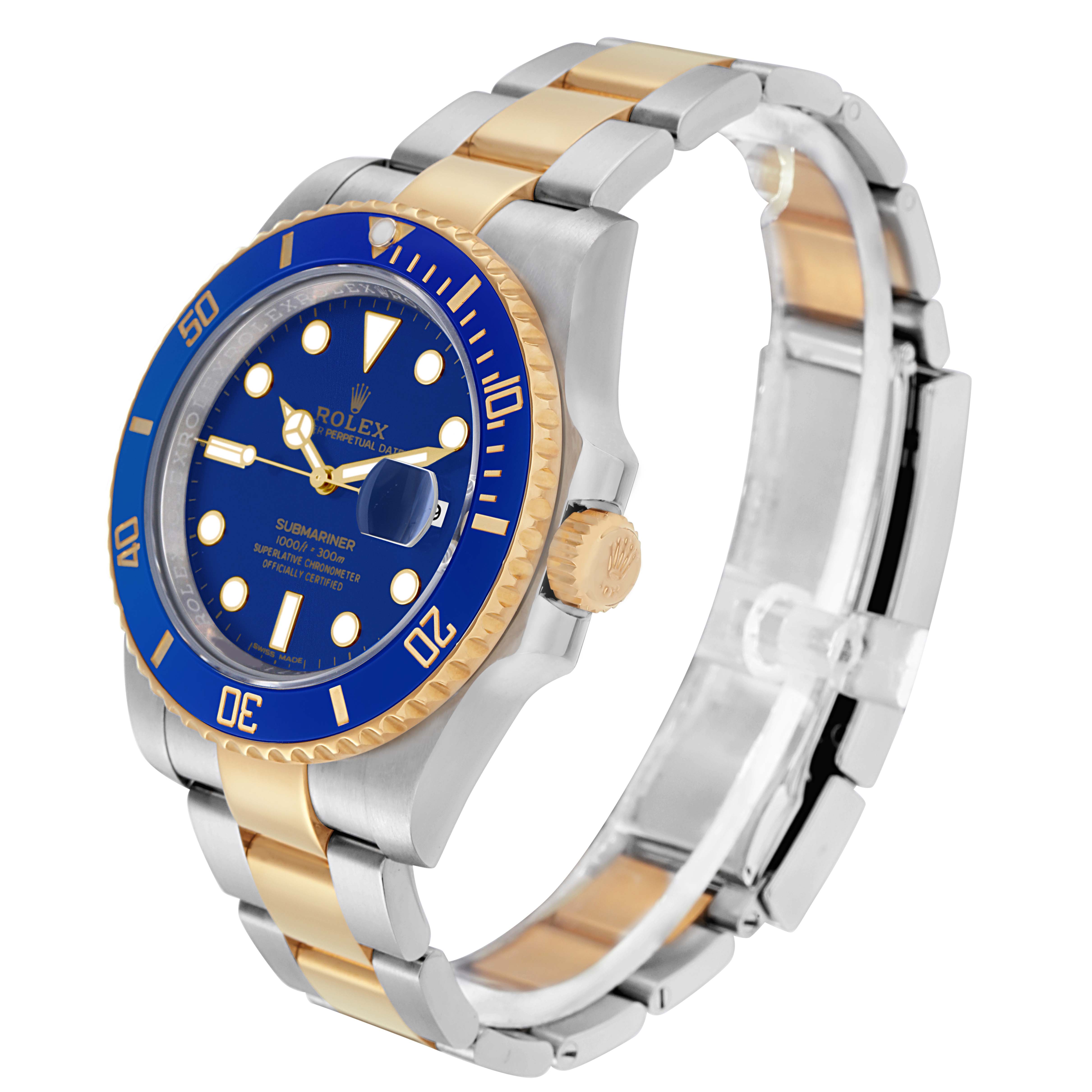 The image shows a Rolex Submariner 116613 Men's Steel and Gold (two tone) Blue Dial 116613 Men's Steel and Gold (two tone) Blue Dial watch at a front-side angle, highlighting the blue dial, bezel, two-tone bracelet, and crown.