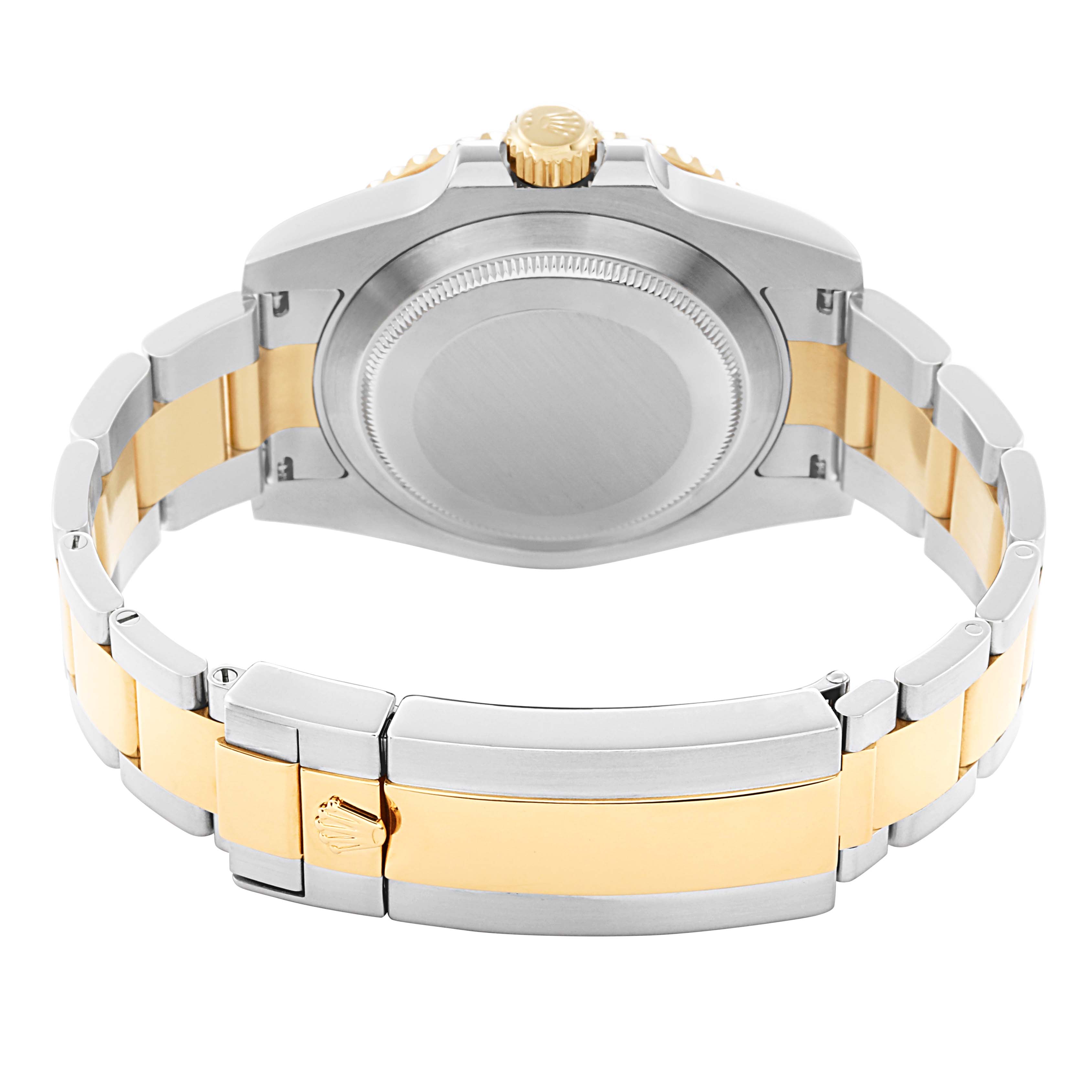 The image shows the back view of a Rolex Submariner 116613 Men's Steel and Gold (two tone) Blue Dial 116613 Men's Steel and Gold (two tone) Blue Dial watch, highlighting the two-tone bracelet, case back, and crown.