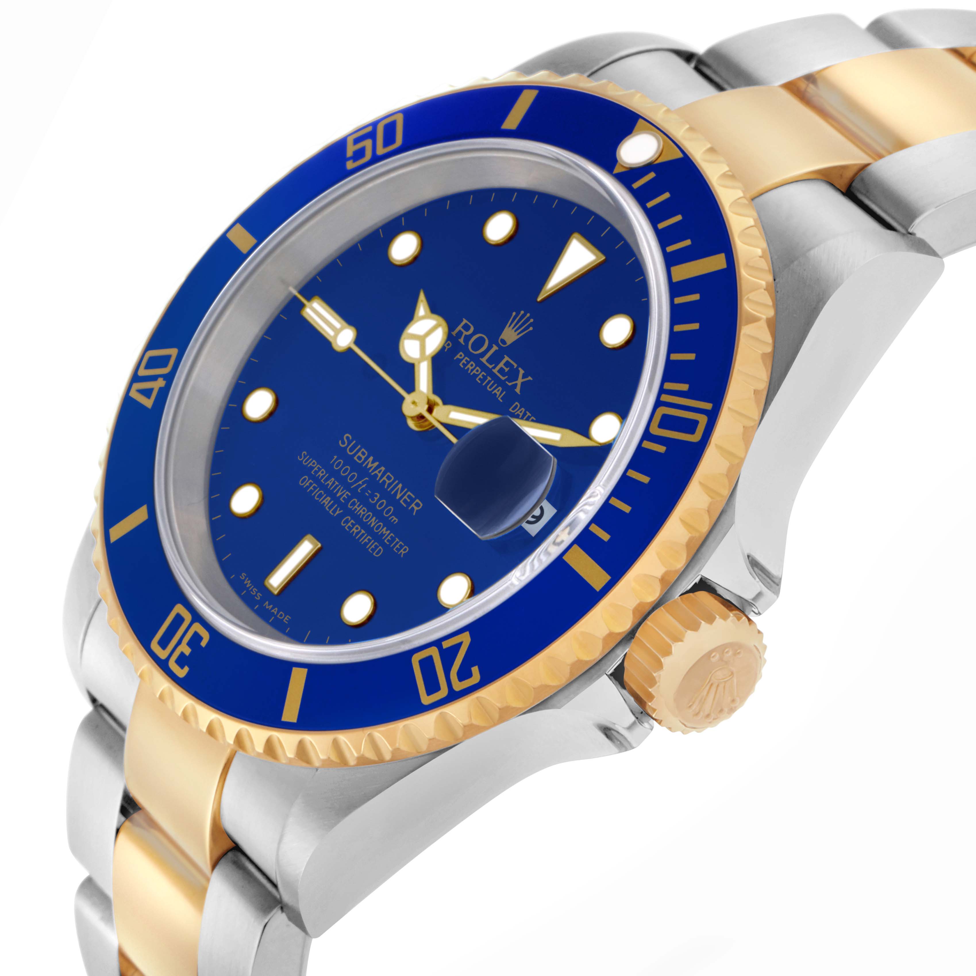 The Rolex Submariner 16613 Men
s Steel and Gold (two tone) Blue Dial 16613 Men
s Steel and Gold (two tone) Blue Dial is shown in a side angle, highlighting the gold bezel, blue dial, and two-tone bracelet.