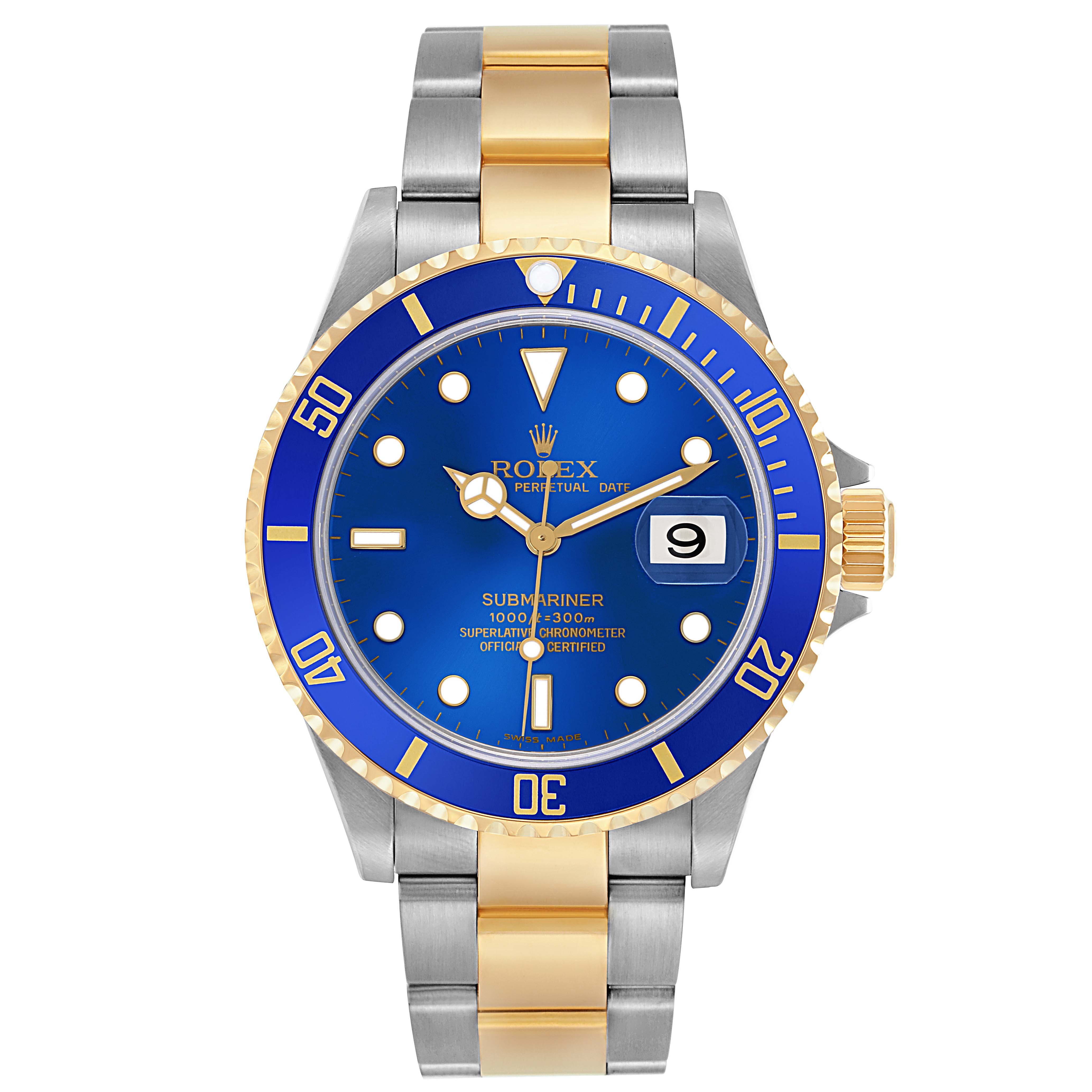 The Rolex Submariner 16613 Men
s Steel and Gold (two tone) Blue Dial 16613 Men
s Steel and Gold (two tone) Blue Dial watch is shown from the front, displaying its face, bezel, bracelet, and crown.