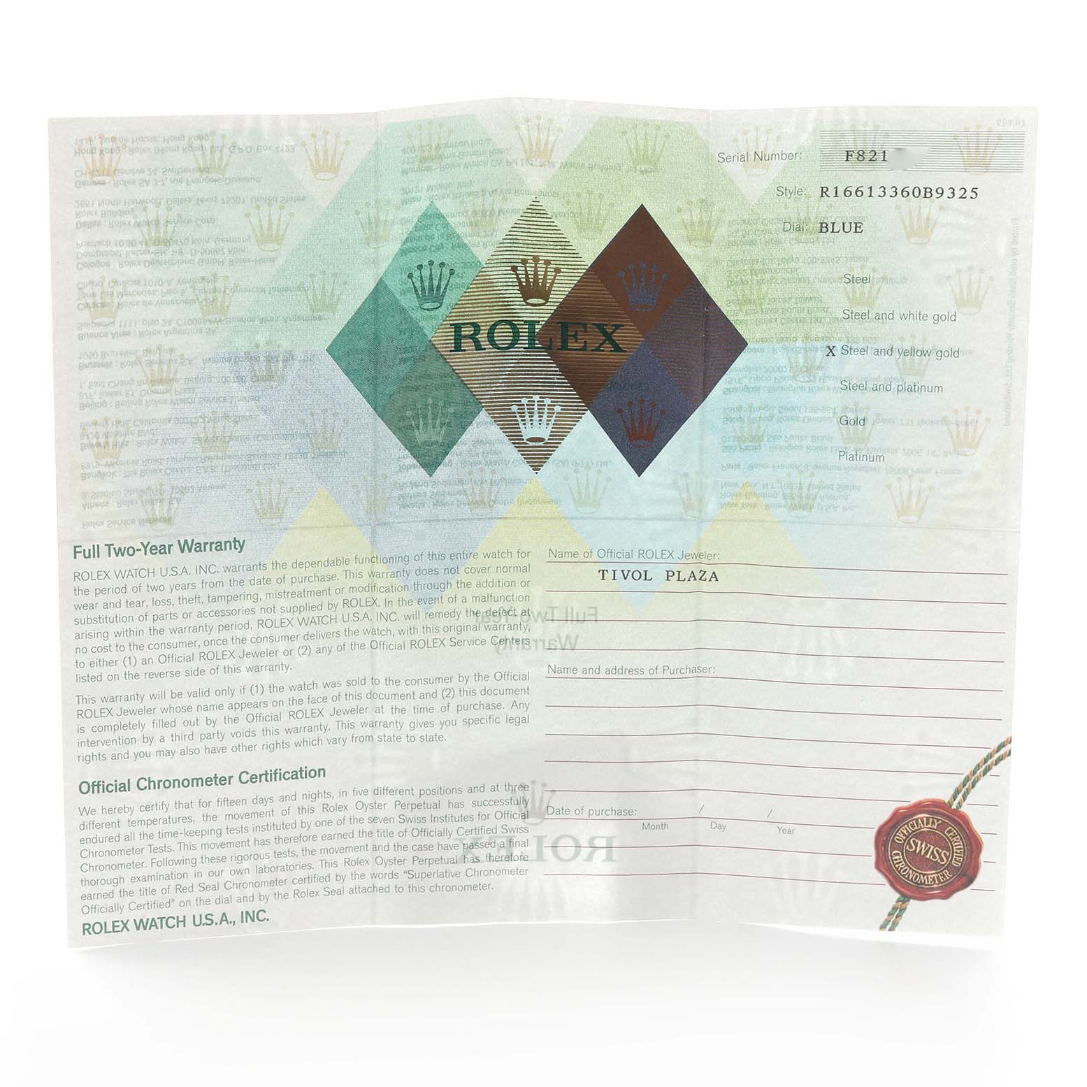 The image displays a warranty card for a Rolex Submariner 16613 Men
s Steel and Gold (two tone) Blue Dial 16613 Men
s Steel and Gold (two tone) Blue Dial, featuring brand and model details.