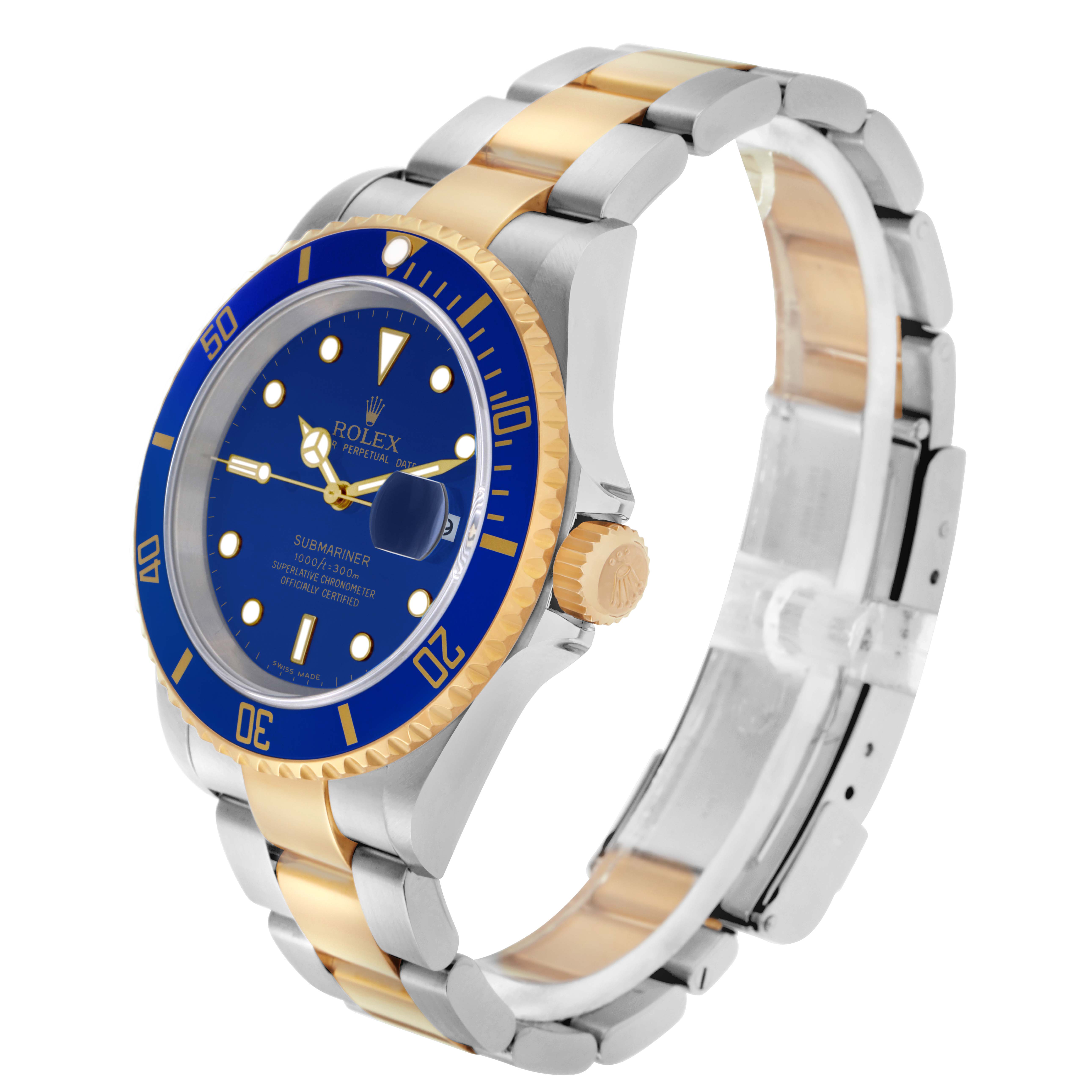 The Rolex Submariner 16613 Men
s Steel and Gold (two tone) Blue Dial 16613 Men
s Steel and Gold (two tone) Blue Dial is shown at a three-quarter angle, highlighting the blue dial, bezel, and two-tone bracelet.