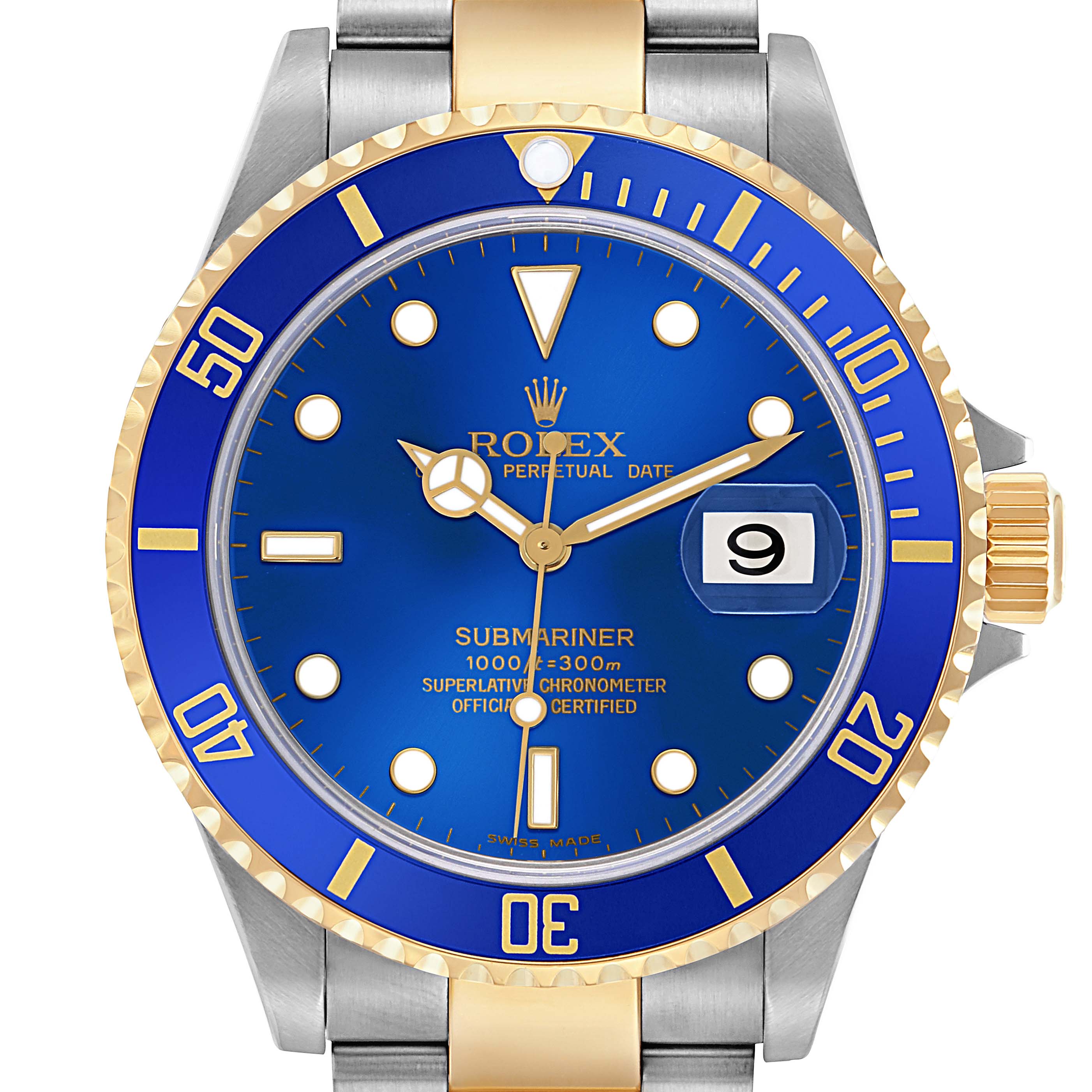 The Rolex Submariner 16613 Men
s Steel and Gold (two tone) Blue Dial 16613 Men
s Steel and Gold (two tone) Blue Dial watch is shown from the front, highlighting the bezel, dial, and bracelet.
