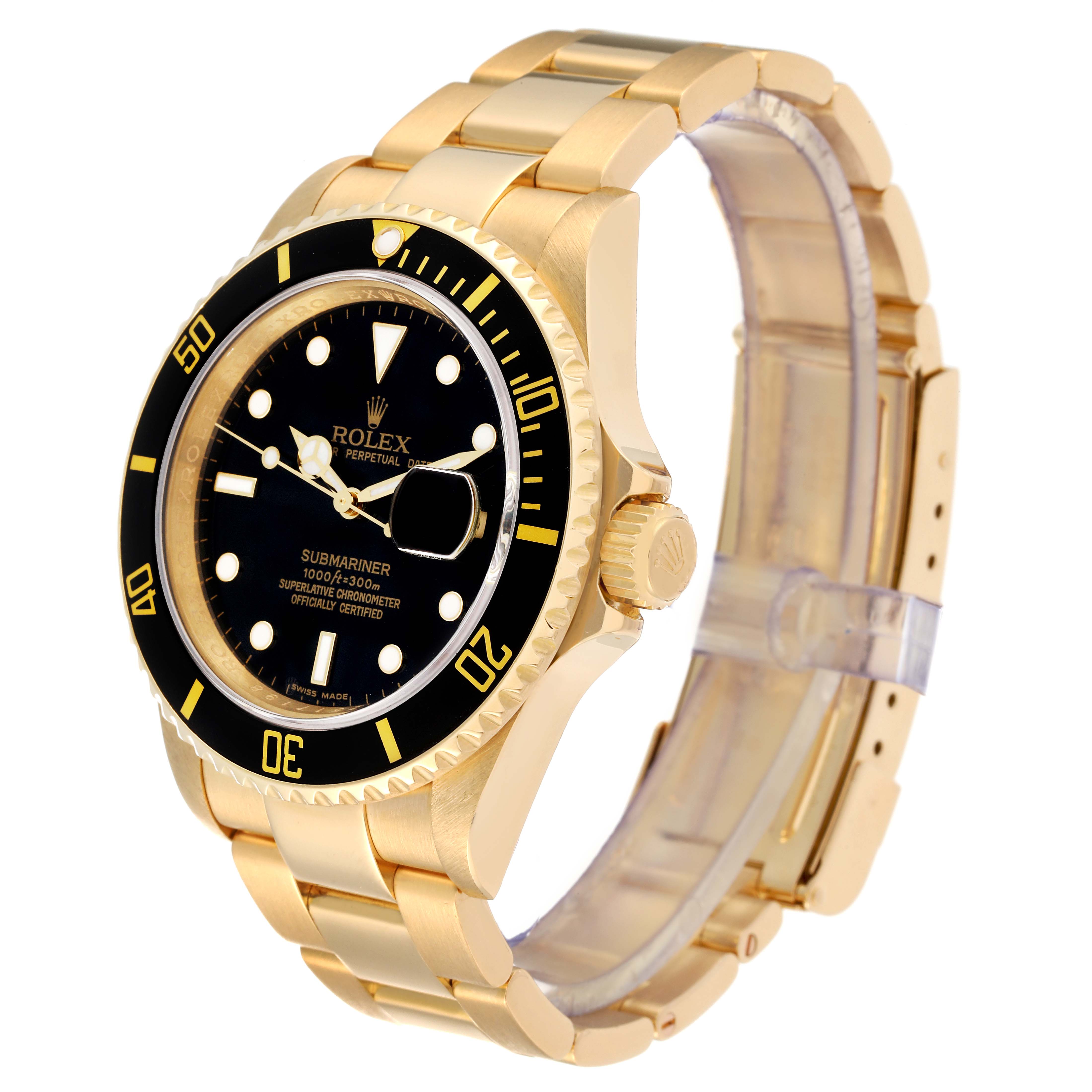 The image shows a Rolex Submariner 16618 Men's Yellow Gold Black Dial 16618 Men's Yellow Gold Black Dial watch, viewed from an angled perspective showcasing the face, bezel, crown, and bracelet.