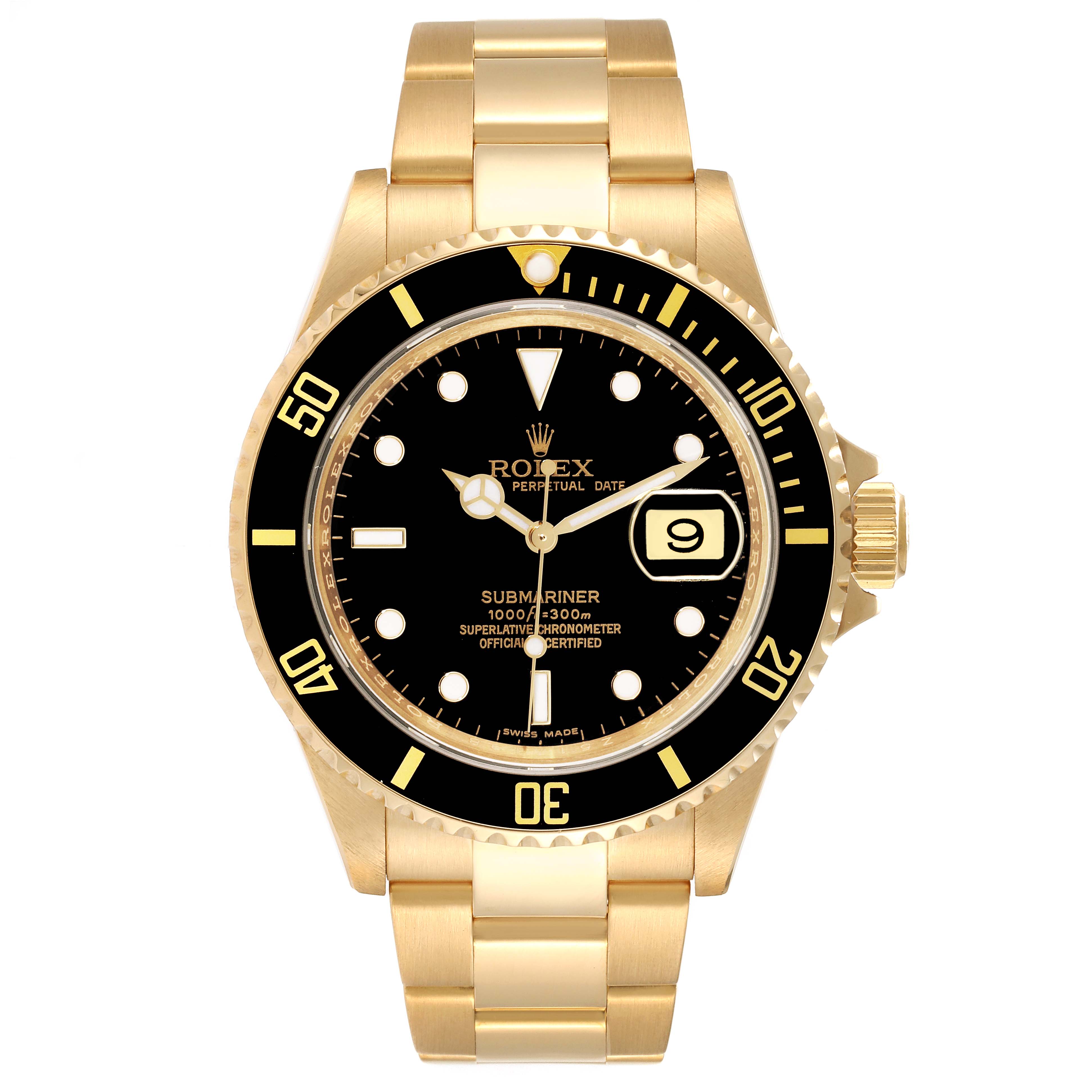 The image shows a frontal view of a Rolex Submariner 16618 Men's Yellow Gold Black Dial 16618 Men's Yellow Gold Black Dial watch, highlighting its black dial, gold casing, and bracelet.