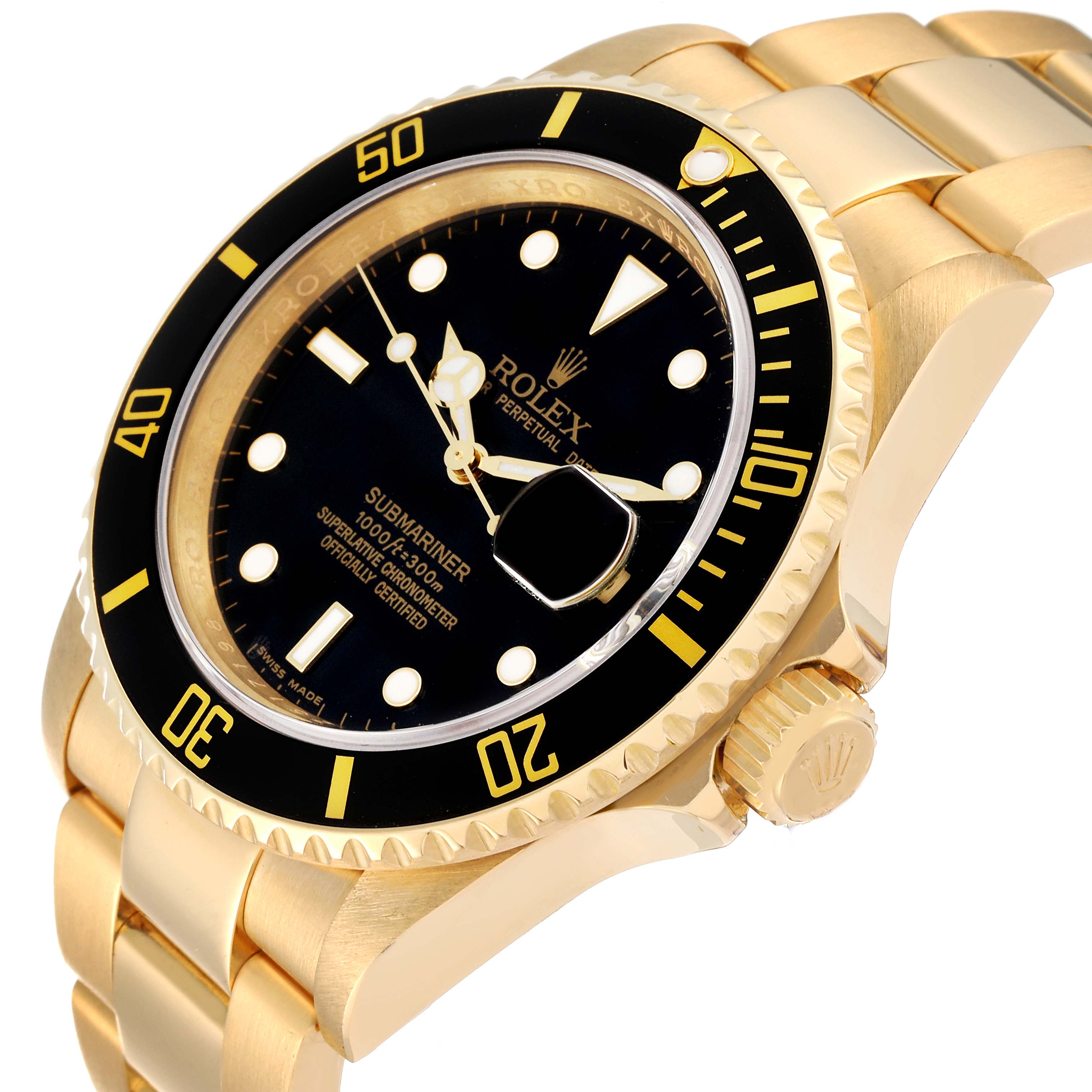 The image shows a close-up angled view of a Rolex Submariner 16618 Men's Yellow Gold Black Dial 16618 Men's Yellow Gold Black Dial watch, highlighting its black dial, bezel, and gold bracelet.