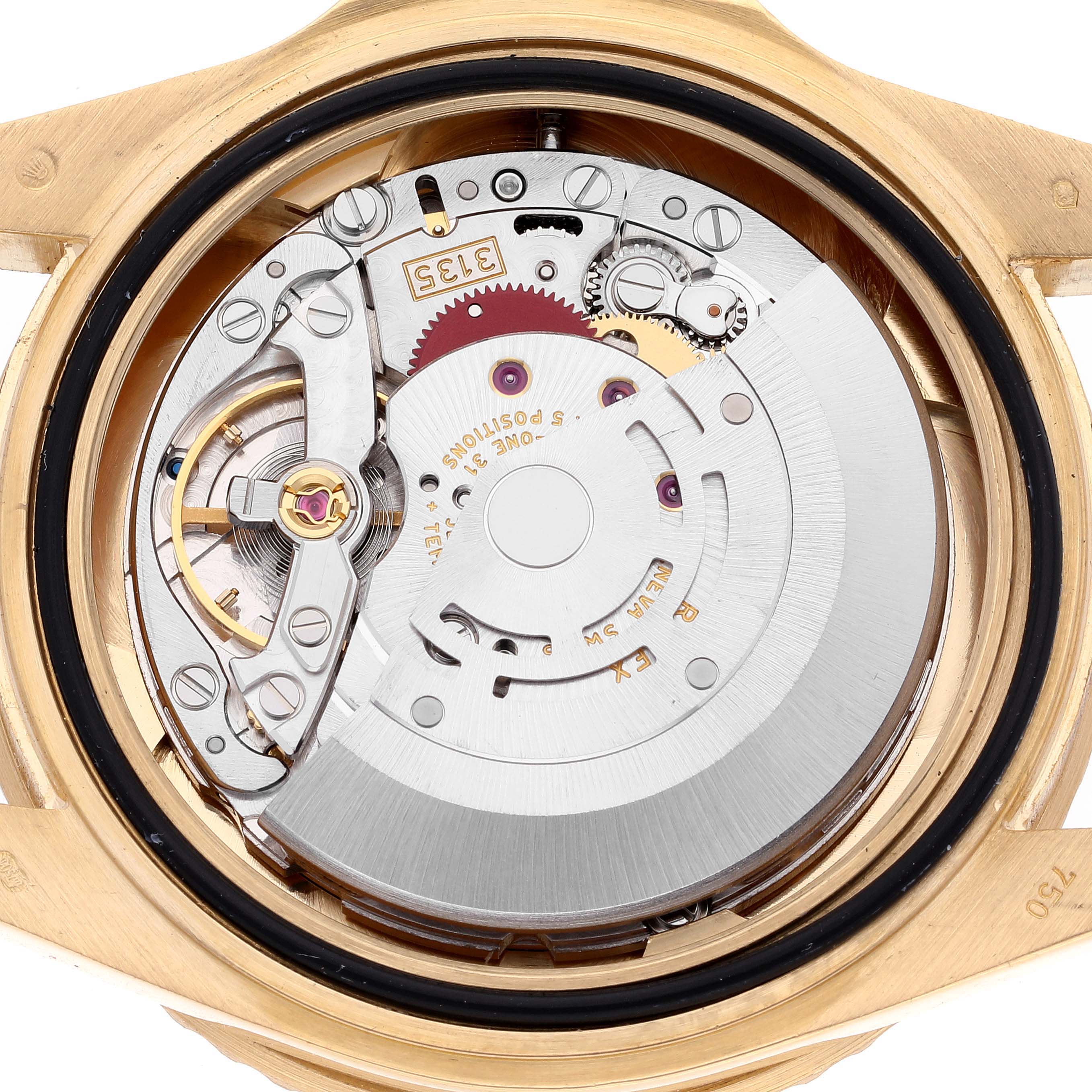 The image shows the back view of the Rolex Submariner 16618 Men's Yellow Gold Black Dial 16618 Men's Yellow Gold Black Dial model, revealing its intricate internal movement and mechanisms.