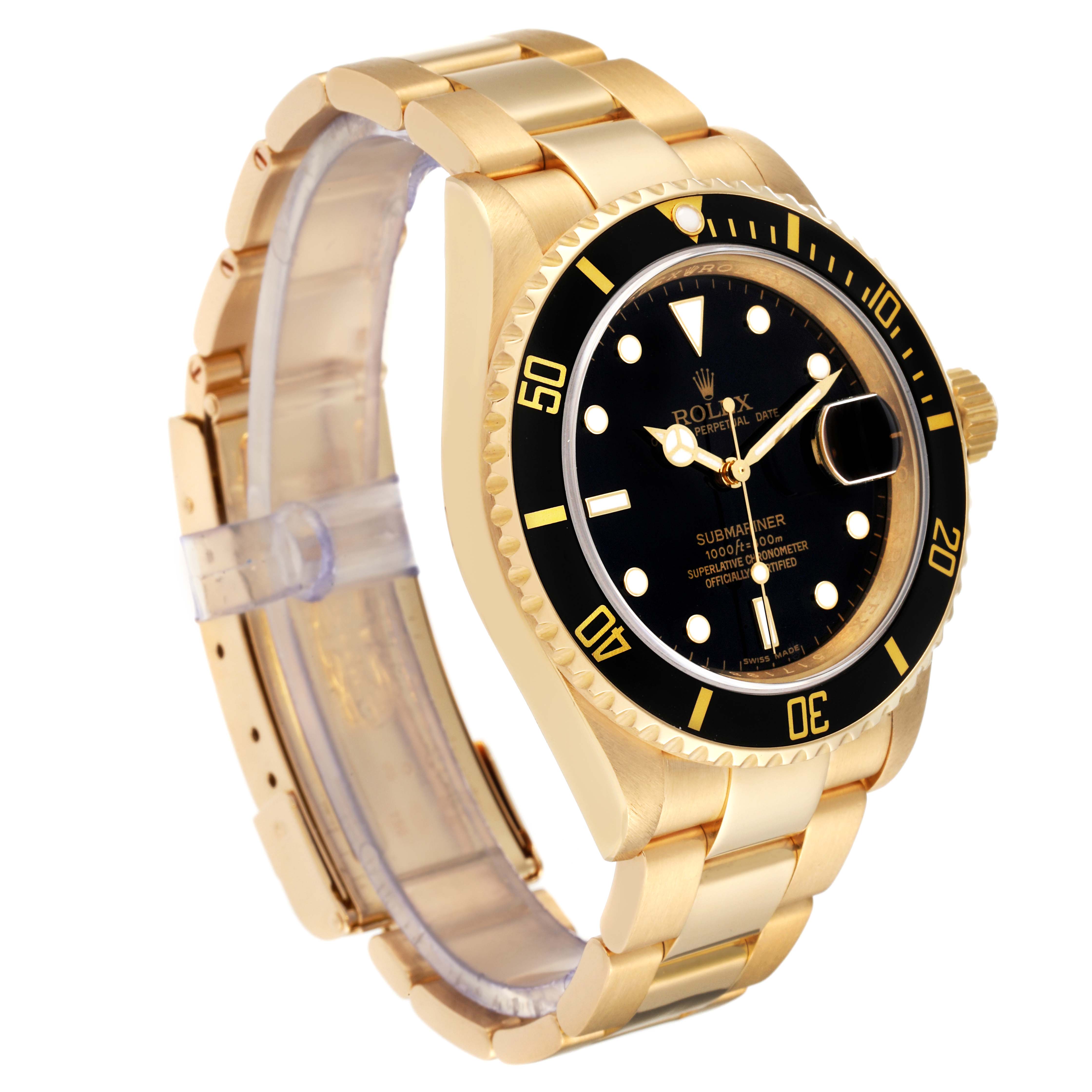 The image shows a left-side angled view of a Rolex Submariner 16618 Men's Yellow Gold Black Dial 16618 Men's Yellow Gold Black Dial, highlighting the bezel, dial, and bracelet.
