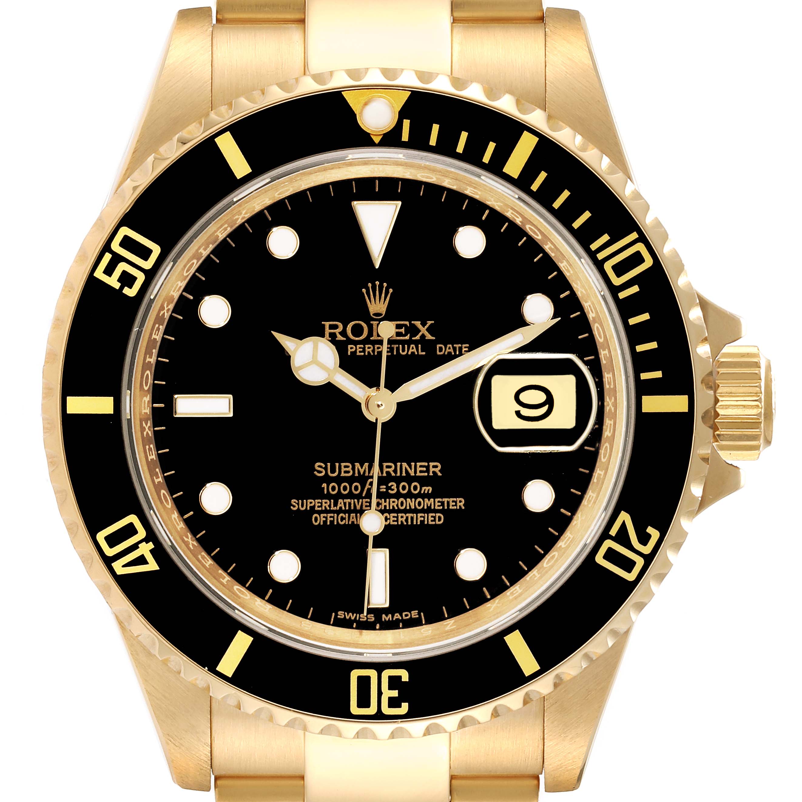 The image shows a front view of a Rolex Submariner 16618 Men's Yellow Gold Black Dial 16618 Men's Yellow Gold Black Dial watch, highlighting its black dial, bezel, hands, and date window.