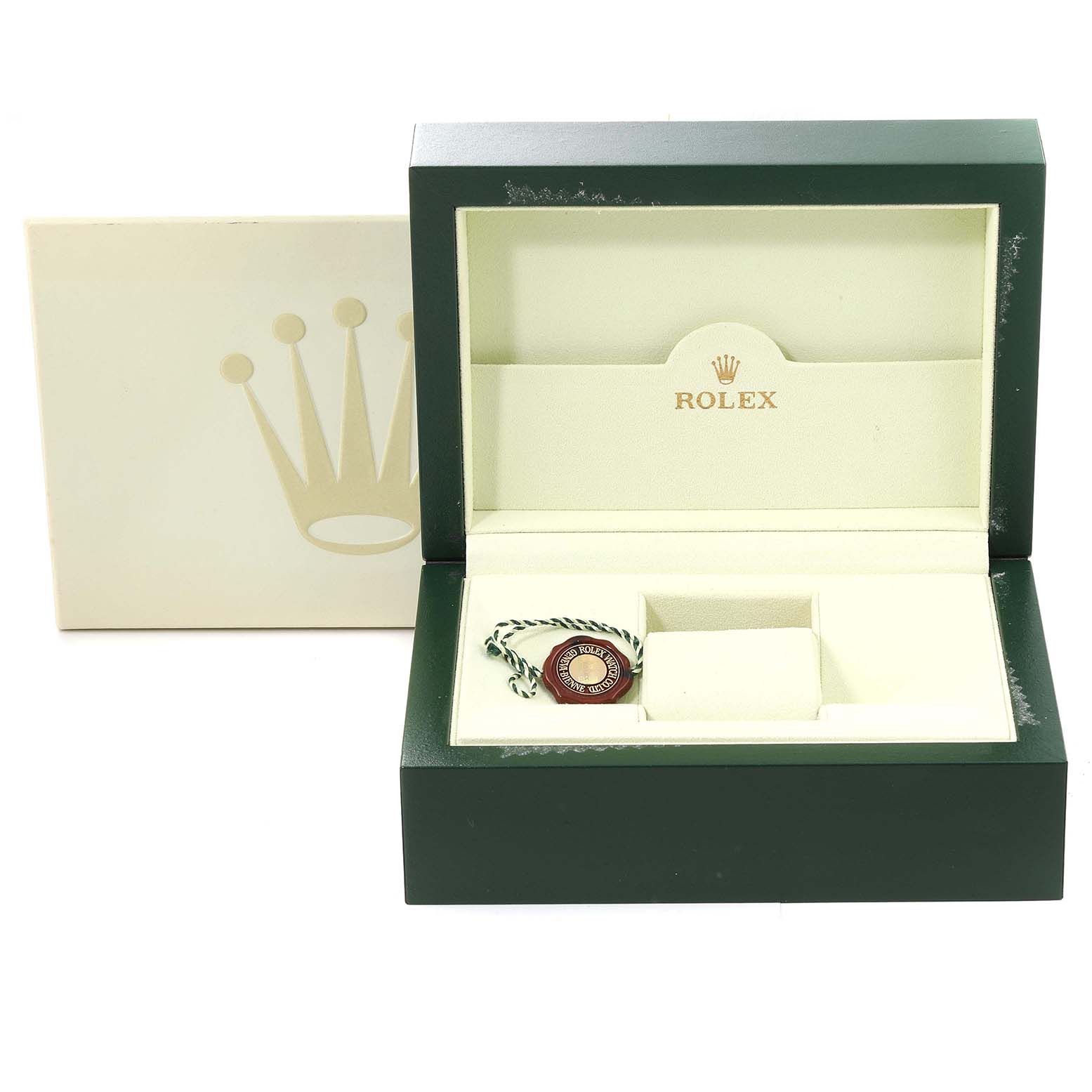 The image shows an open Rolex Submariner 16618 Men's Yellow Gold Black Dial 16618 Men's Yellow Gold Black Dial watch box with a tag, viewed from the front.