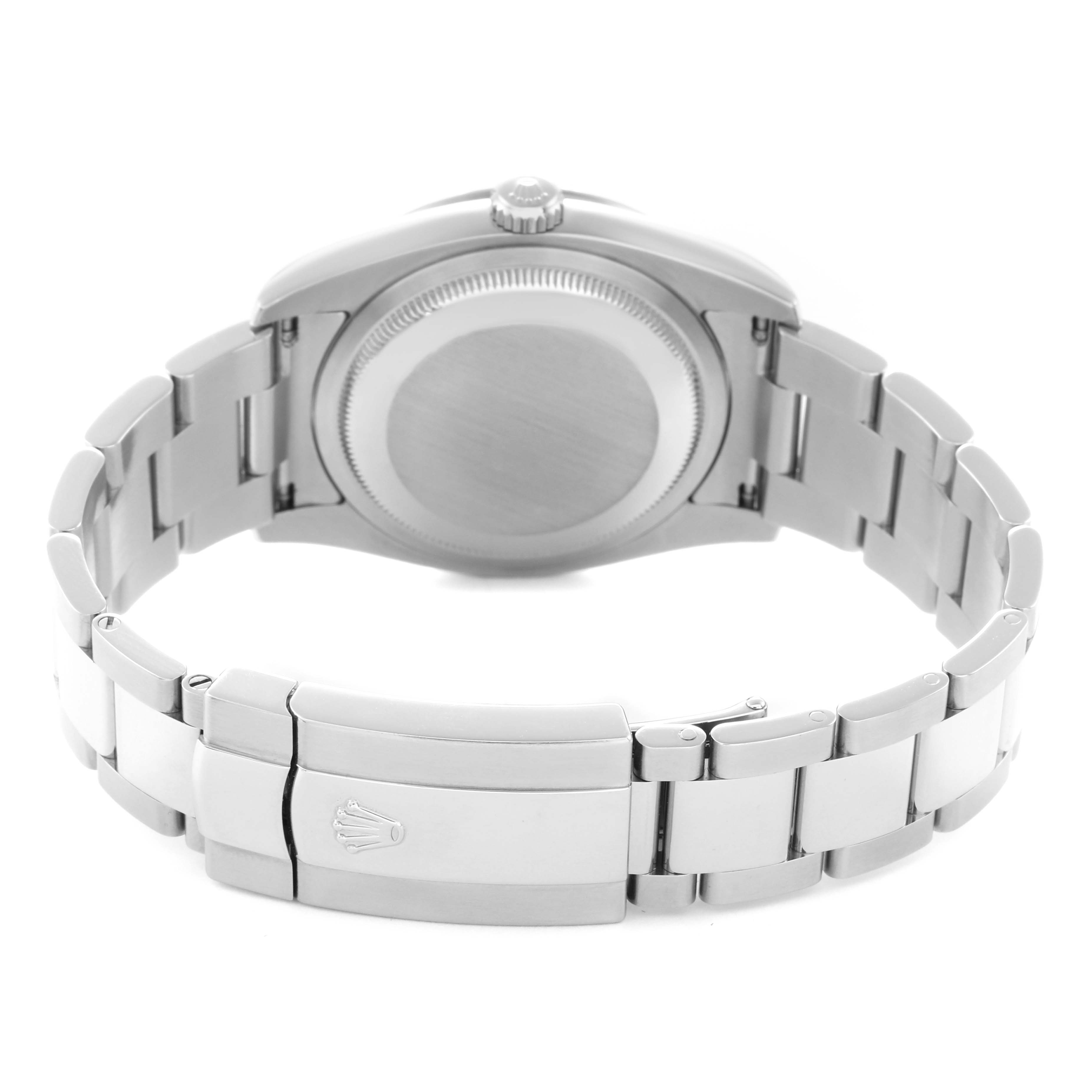 The Rolex Turn-o-Graph 116264 Men
s Stainless Steel Black Dial 116264 Men
s Stainless Steel Black Dial watch is shown from the back, displaying the case back and bracelet with the clasp open.