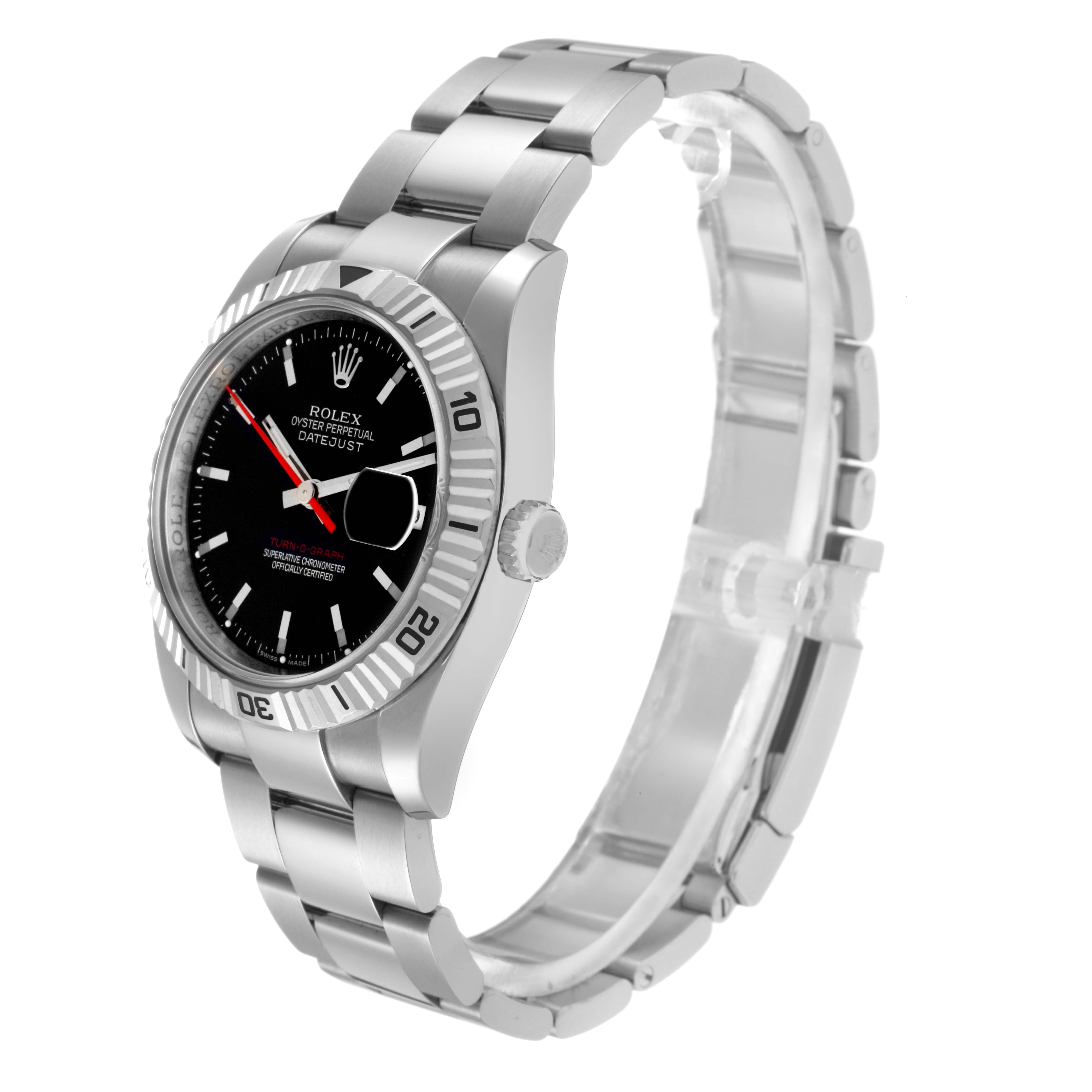 The Rolex Turn-o-Graph 116264 Men
s Stainless Steel Black Dial 116264 Men
s Stainless Steel Black Dial is shown at a three-quarter angle, highlighting its dial, bezel, bracelet, and crown.