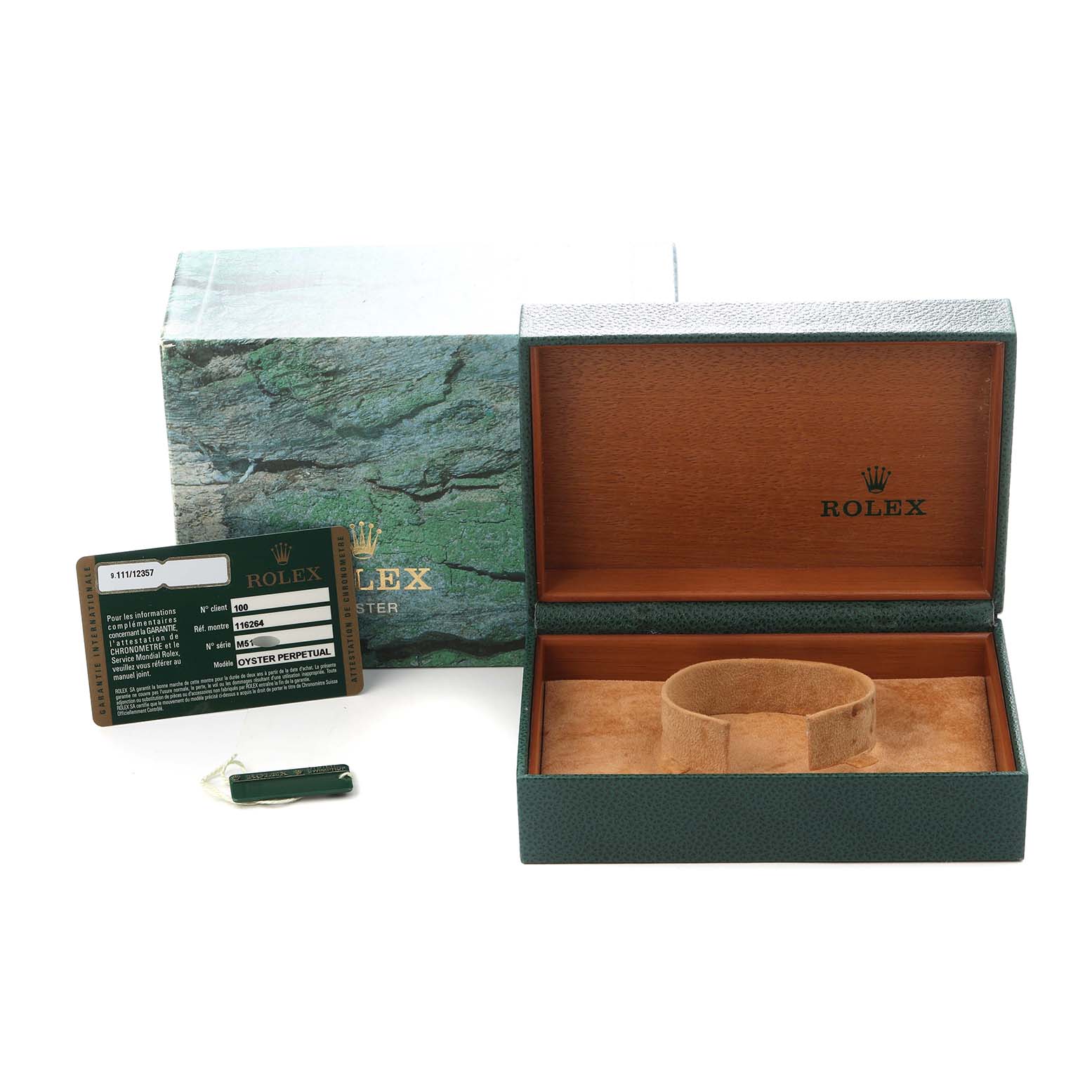 The image shows a Rolex Turn-o-Graph 116264 Men
s Stainless Steel Black Dial 116264 Men
s Stainless Steel Black Dial watch box, warranty card, and tag, viewed from the front.