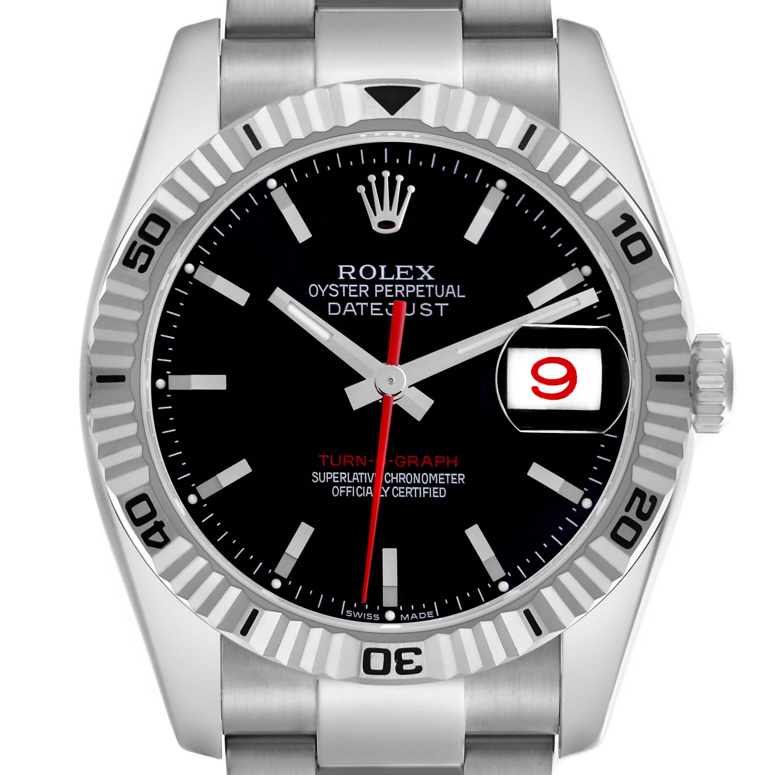 The image shows a front view of the Rolex Turn-o-Graph 116264 Men
s Stainless Steel Black Dial 116264 Men
s Stainless Steel Black Dial watch, featuring the dial, bezel, and bracelet.