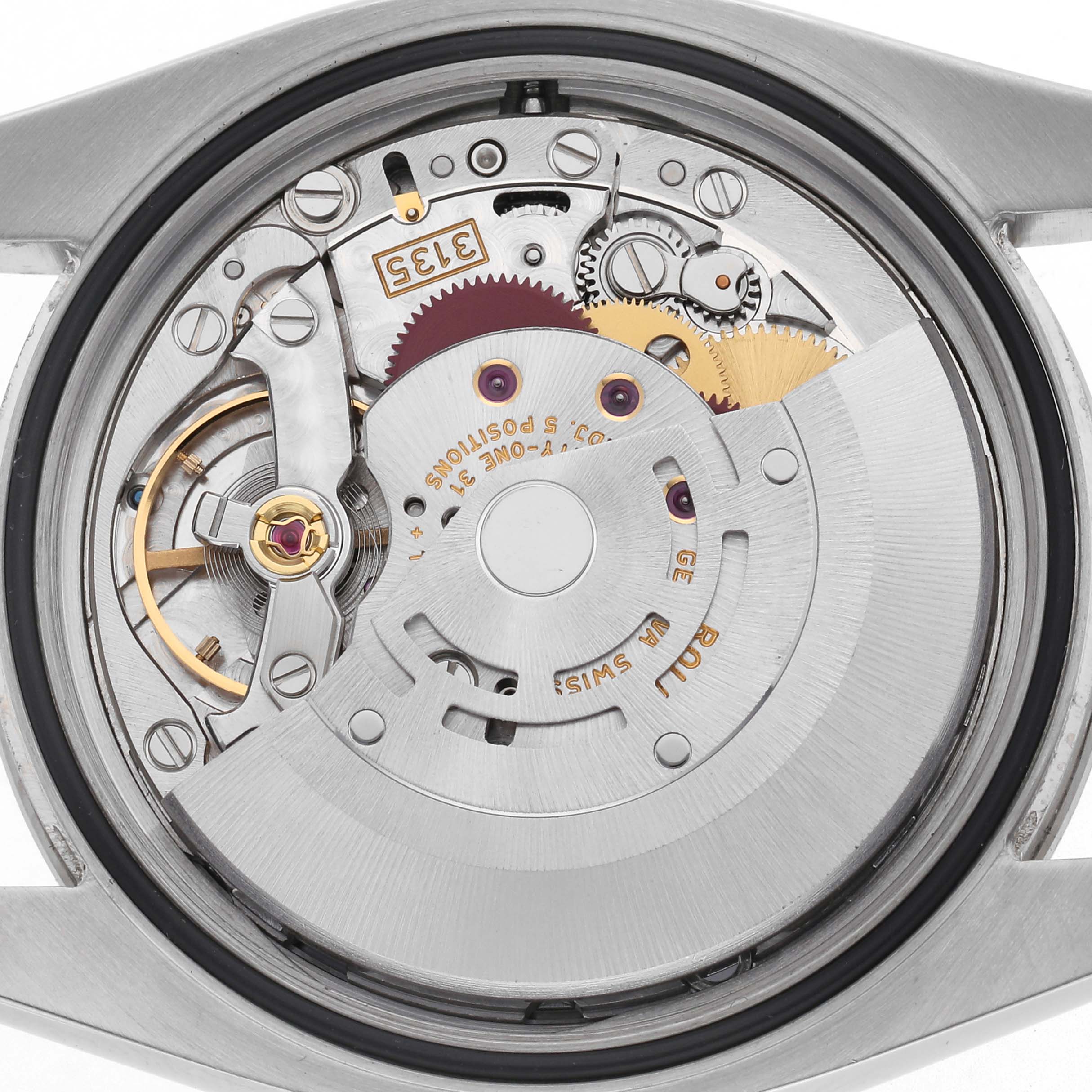 The image shows the inner movement of the Rolex Turn-o-Graph 116264 Men
s Stainless Steel Black Dial 116264 Men
s Stainless Steel Black Dial watch, viewed from the back with visible gears and components.