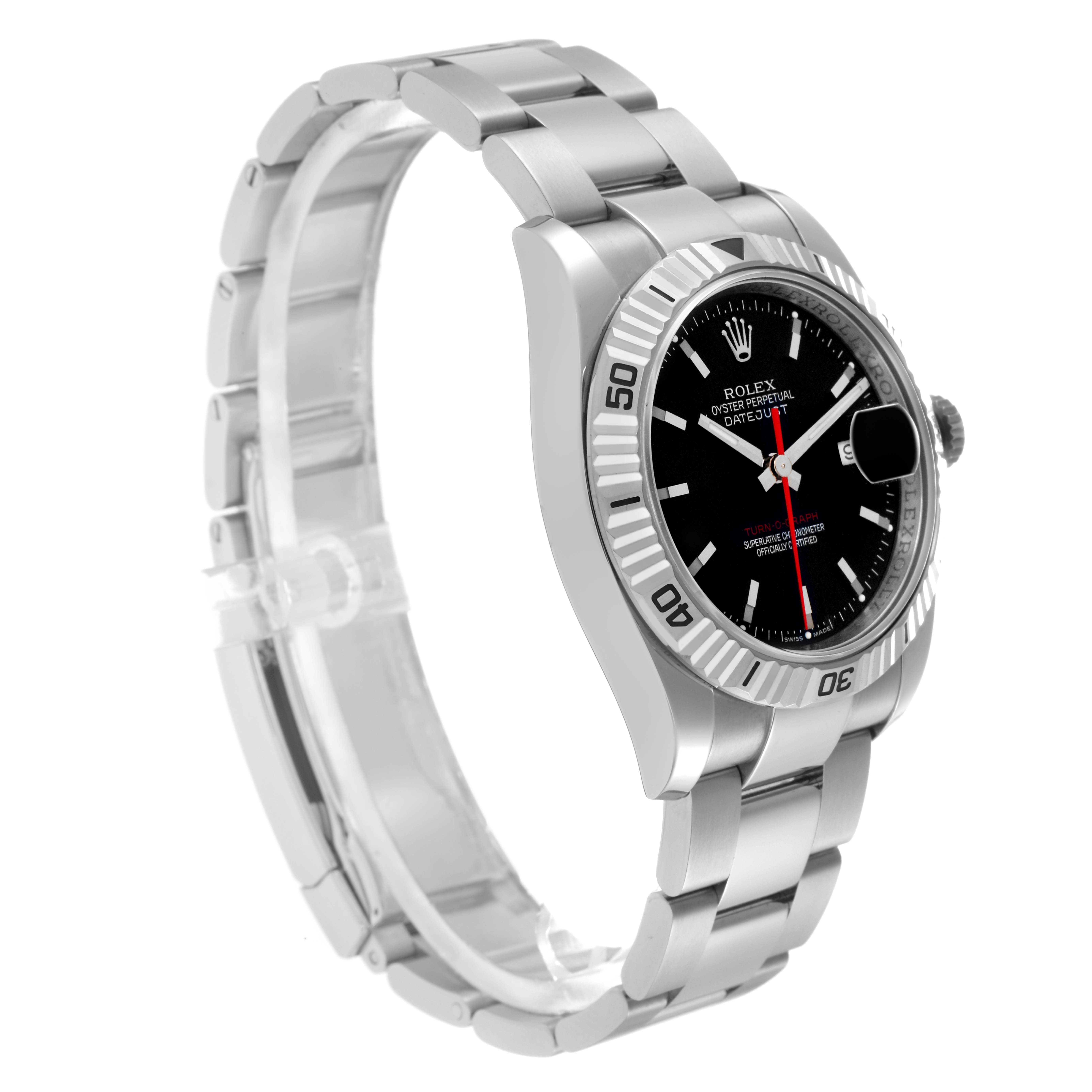 The Turn-o-Graph by Rolex is shown at a slight side angle, displaying its dial, bezel, and bracelet.