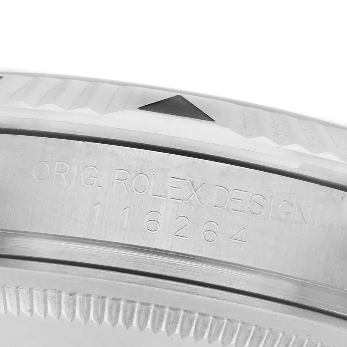 The image shows a close-up of the side of a Rolex Turn-o-Graph 116264 Men
s Stainless Steel Black Dial 116264 Men
s Stainless Steel Black Dial, focusing on the engraved model number and design details.