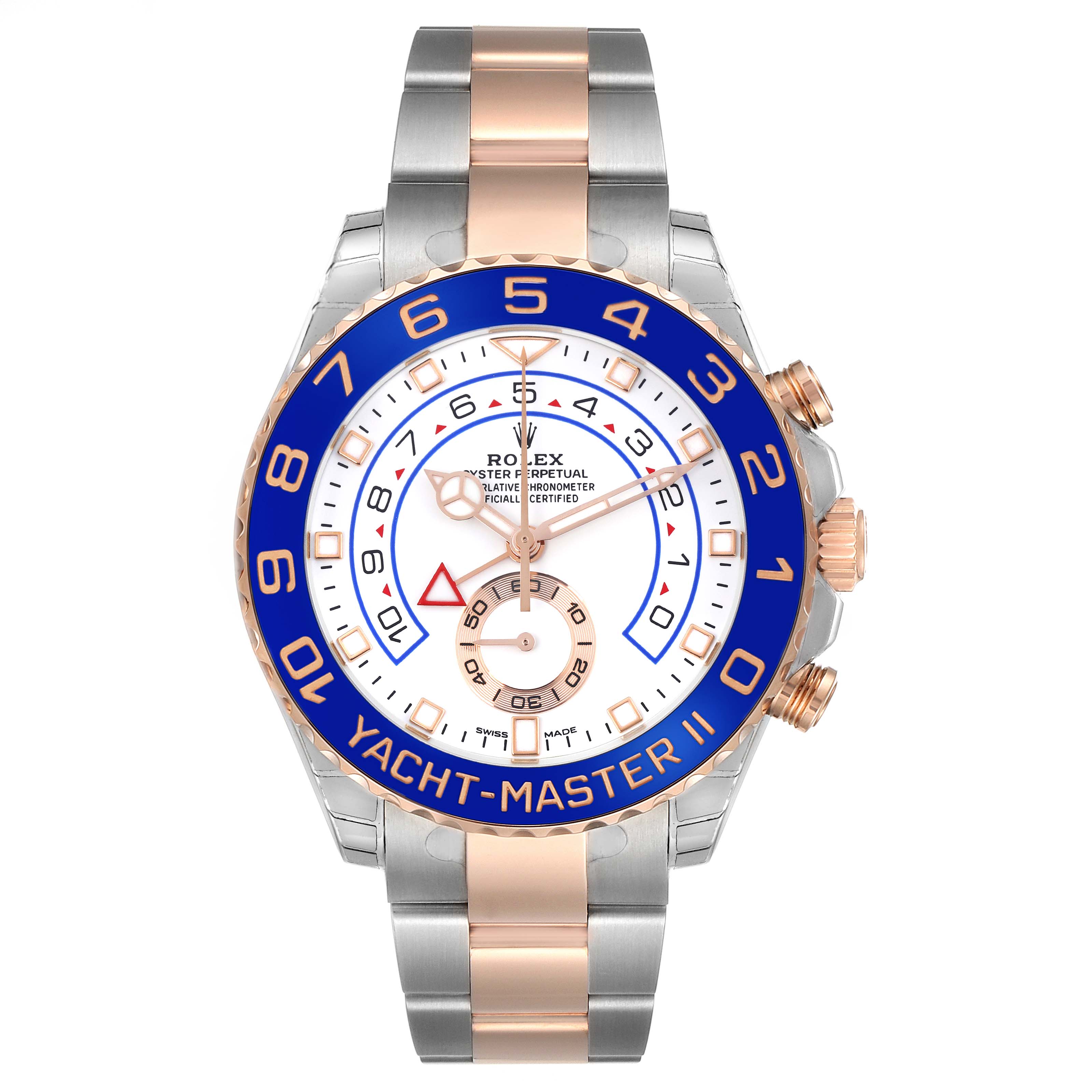 The Rolex Yacht-Master 116681 Men
s Steel and Gold (two tone) White Dial 116681 Men
s Steel and Gold (two tone) White Dial watch is shown from the front, displaying the face, bezel, and part of the bracelet.
