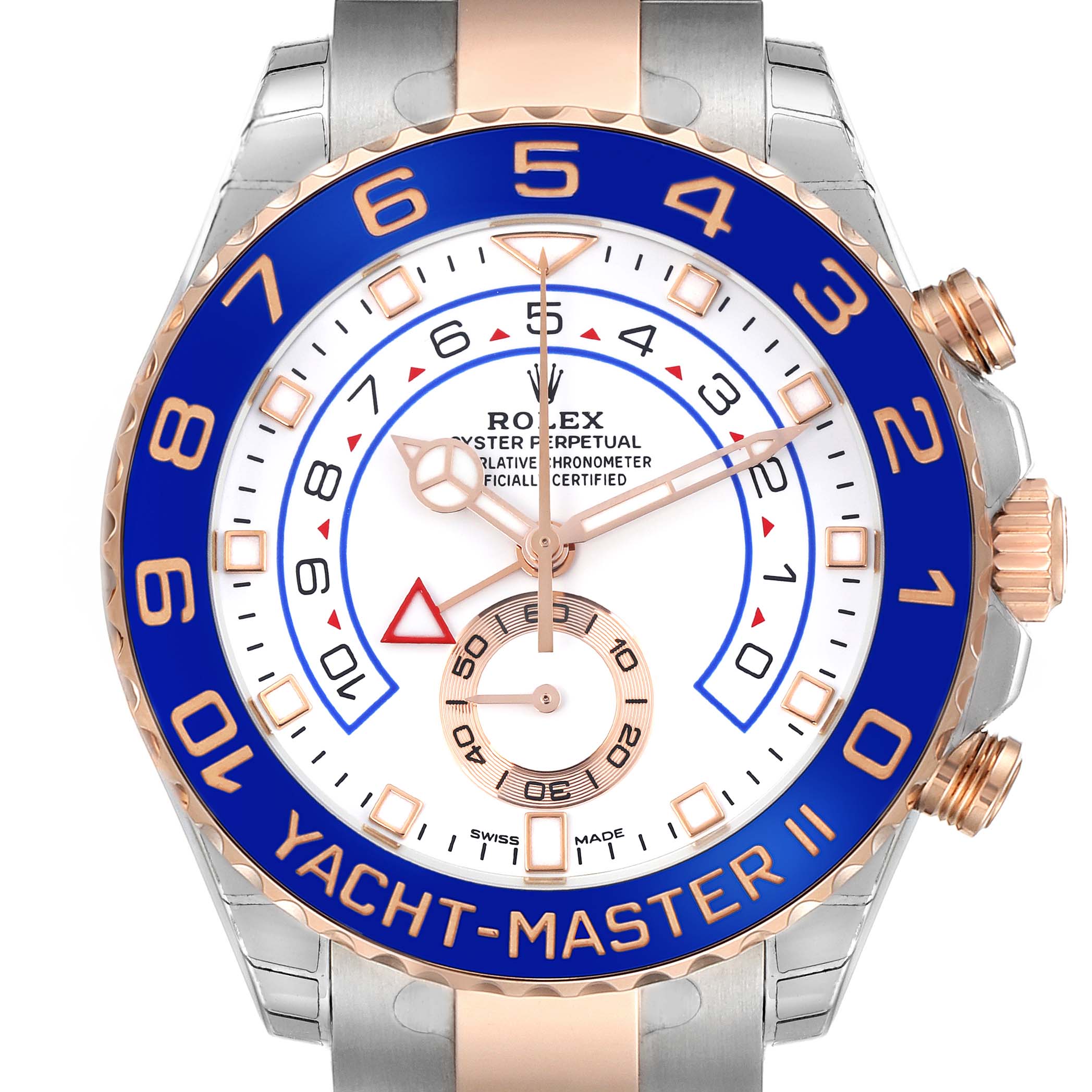 The Rolex Yacht-Master 116681 Men
s Steel and Gold (two tone) White Dial 116681 Men
s Steel and Gold (two tone) White Dial watch is shown from a front view, displaying its dial, bezel, and crown.