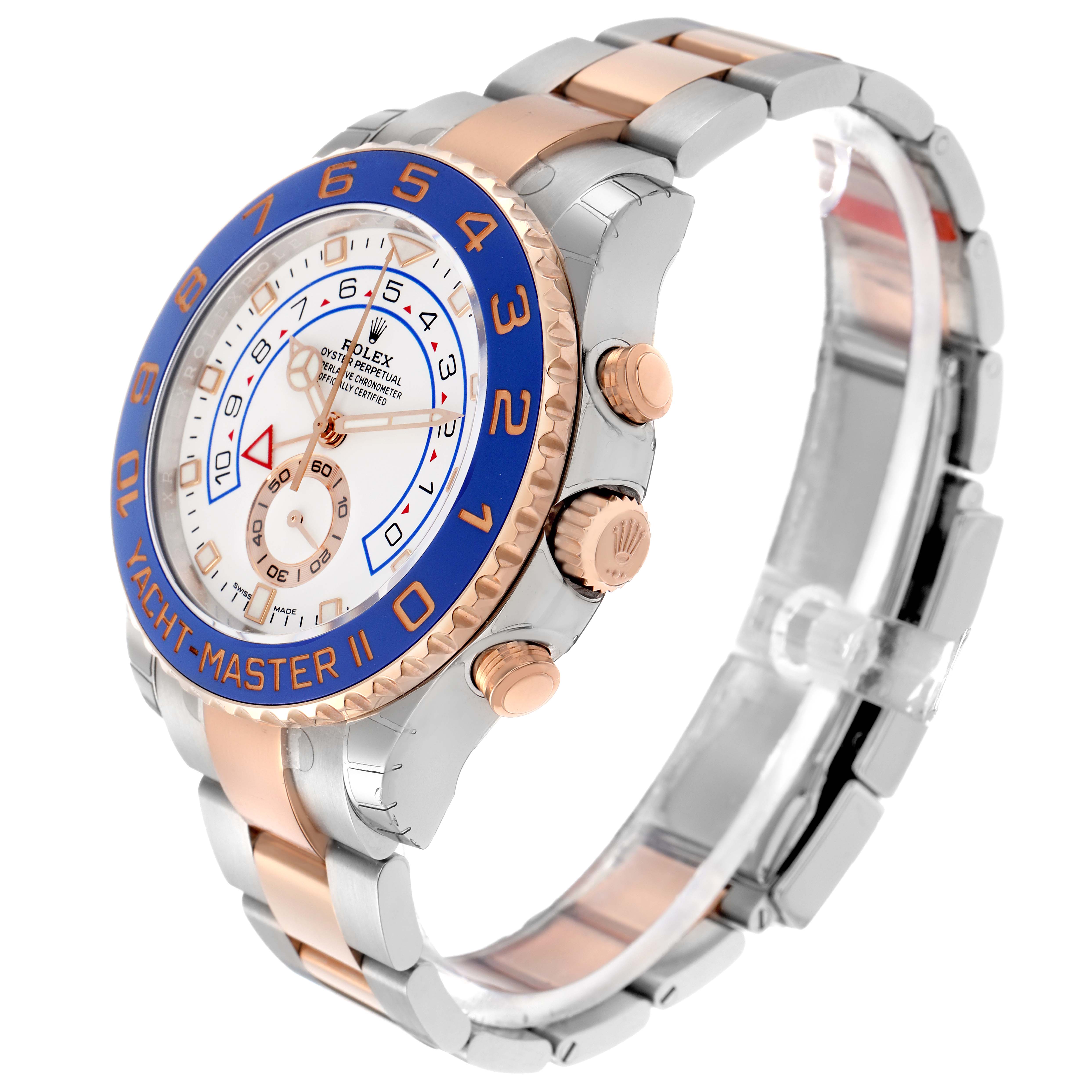 The Rolex Yacht-Master 116681 Men
s Steel and Gold (two tone) White Dial 116681 Men
s Steel and Gold (two tone) White Dial II watch is shown at a three-quarter angle, highlighting the bezel, crown, and two-tone bracelet.