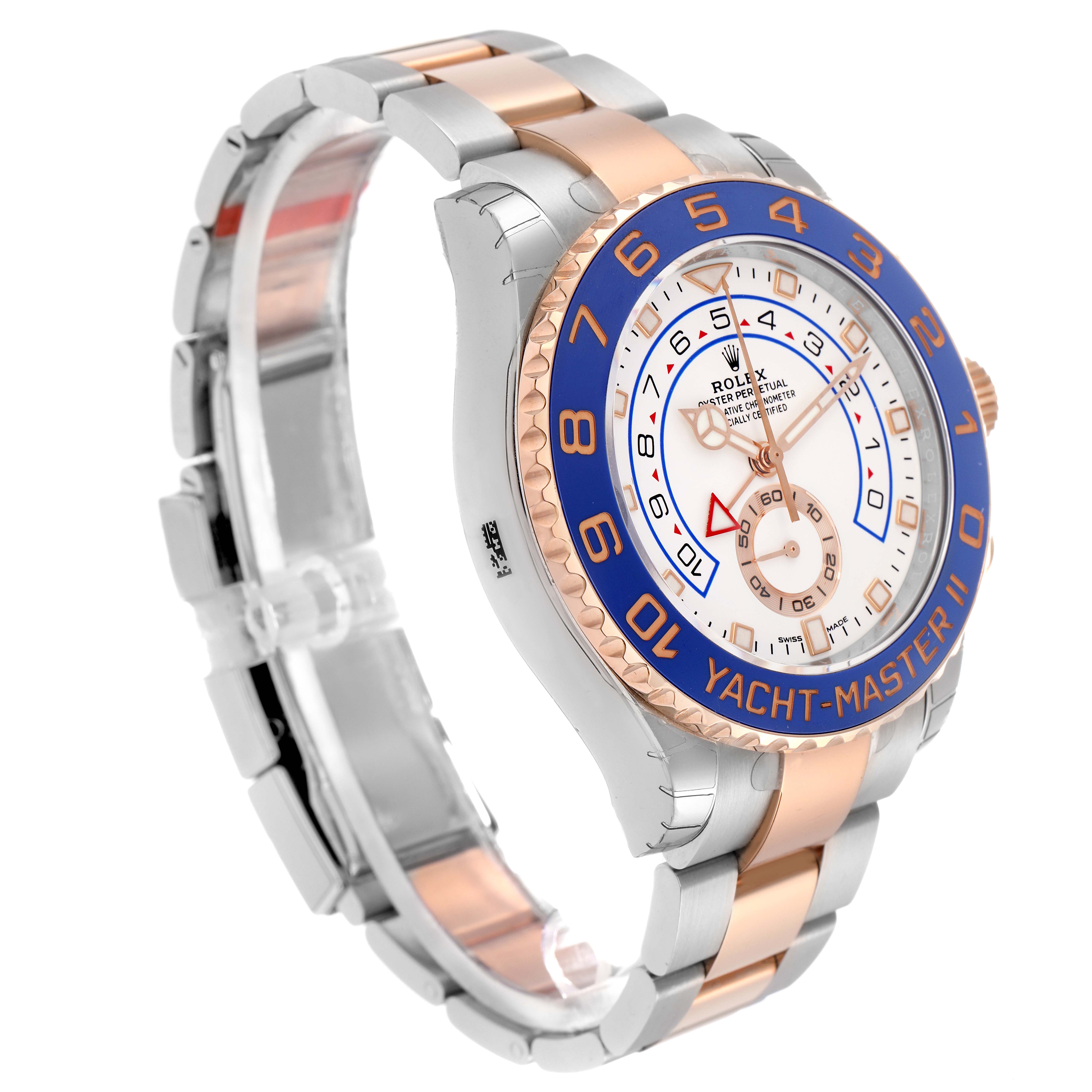 The Rolex Yacht-Master 116681 Men
s Steel and Gold (two tone) White Dial 116681 Men
s Steel and Gold (two tone) White Dial watch is shown at a three-quarter angle, highlighting the face, bezel, and bracelet.