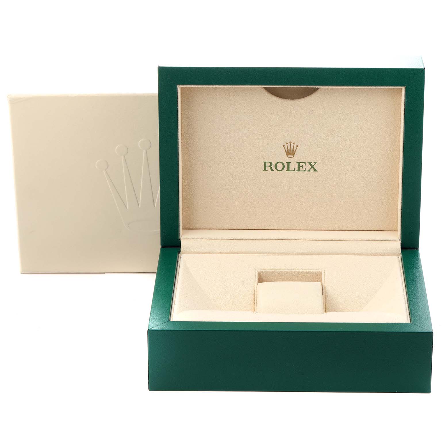 The image shows an open presentation box for a Rolex Yacht-Master 116681 Men
s Steel and Gold (two tone) White Dial 116681 Men
s Steel and Gold (two tone) White Dial watch, featuring a green exterior and a beige interior.