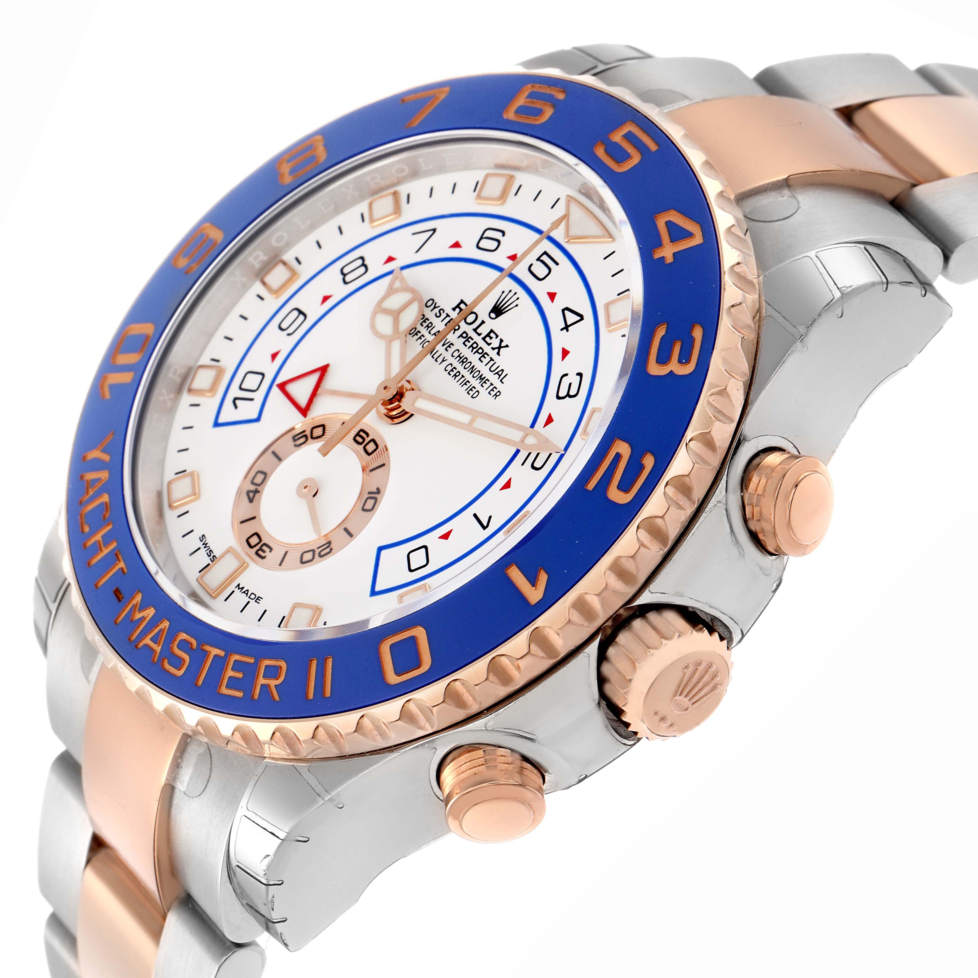 The Rolex Yacht-Master 116681 Men
s Steel and Gold (two tone) White Dial 116681 Men
s Steel and Gold (two tone) White Dial watch is shown from an angled side view, featuring the bezel, dial, crown, and part of the bracelet.