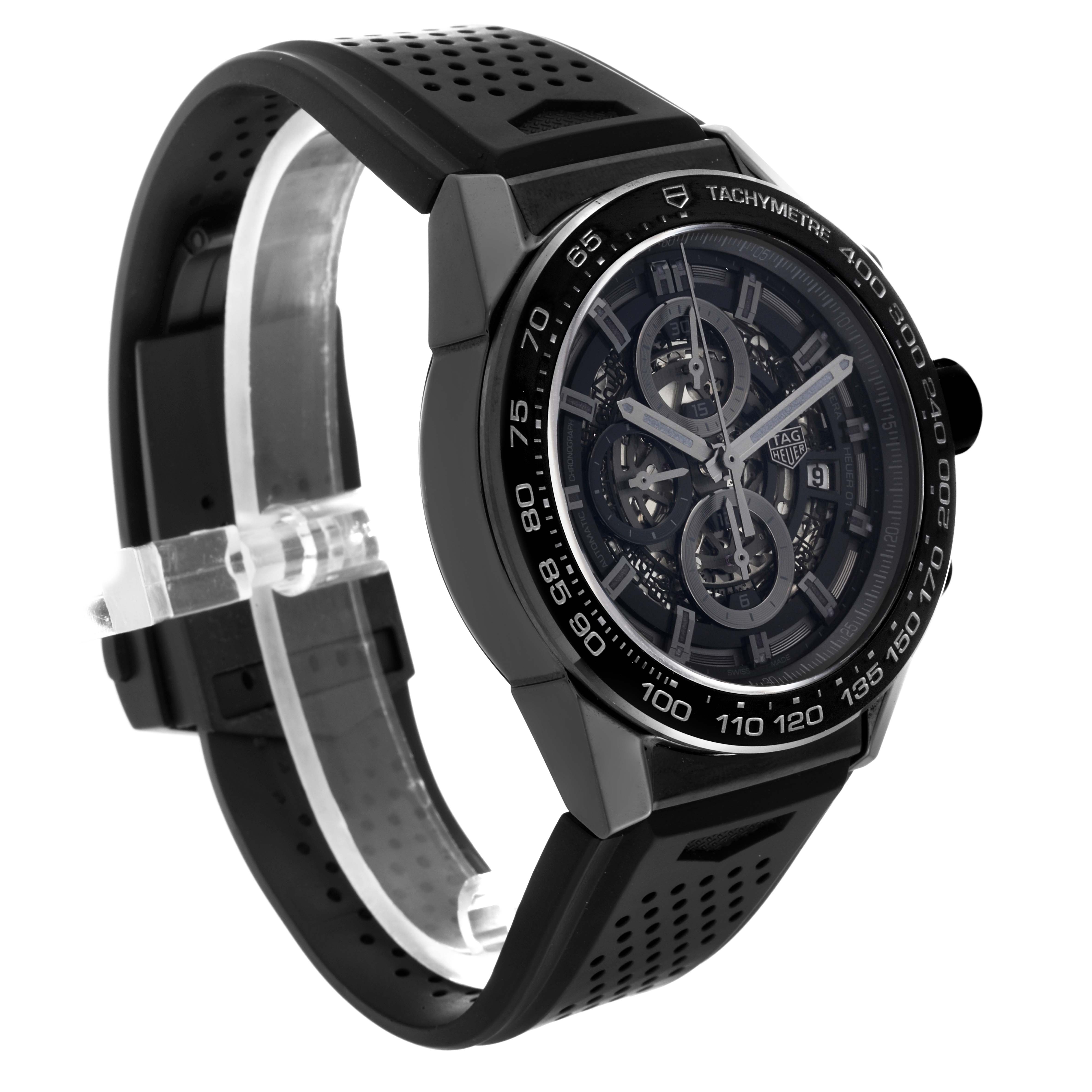 The Tag Heuer Carrera CAR2A90.FT6071 Men's Ceramic Black Dial CAR2A90.FT6071 Men's Ceramic Black Dial model watch is shown at a three-quarter angle, highlighting the dial, case, and strap.