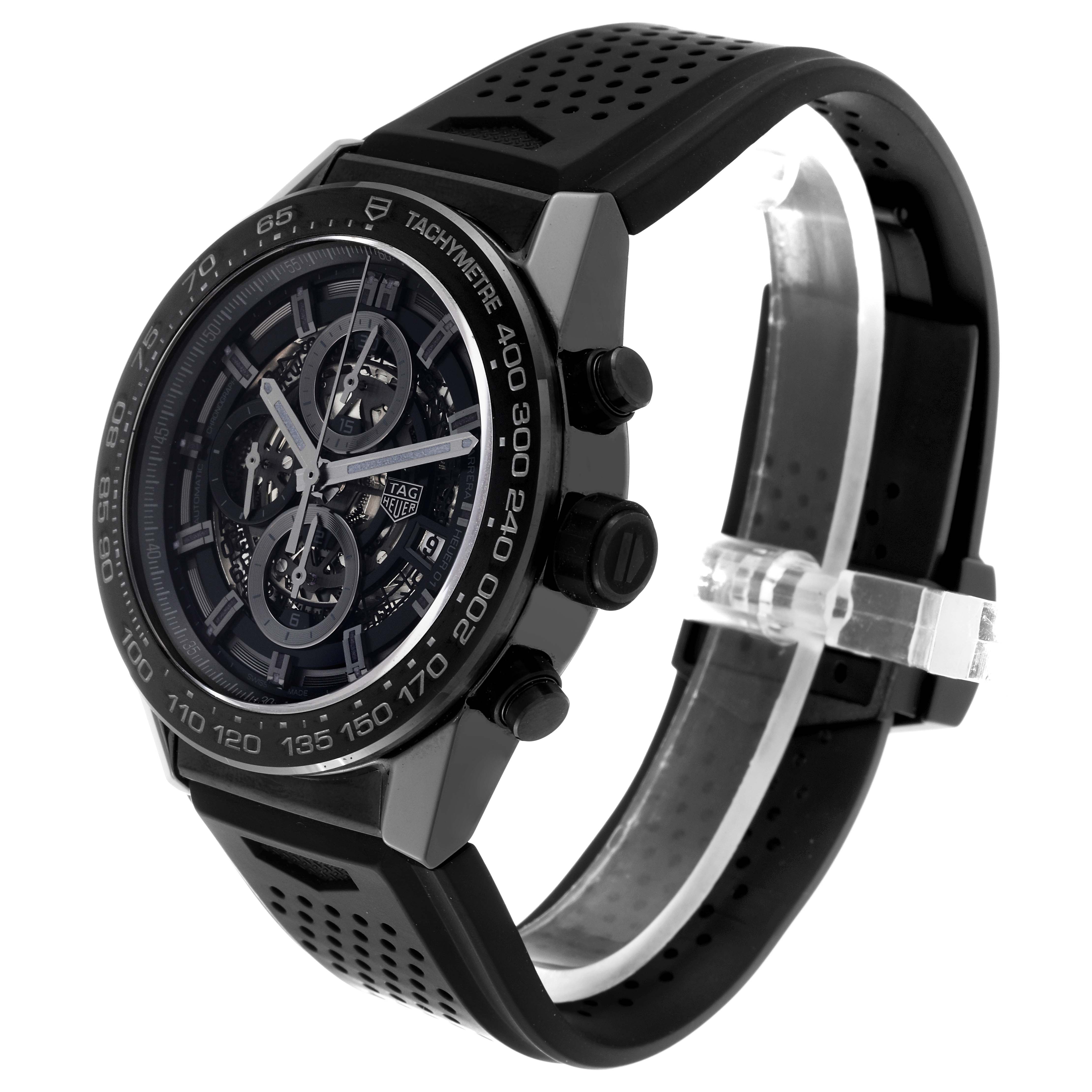 This image shows a Tag Heuer Carrera CAR2A90.FT6071 Men's Ceramic Black Dial CAR2A90.FT6071 Men's Ceramic Black Dial model watch at a three-quarter angle, highlighting the face, bezel, and band.
