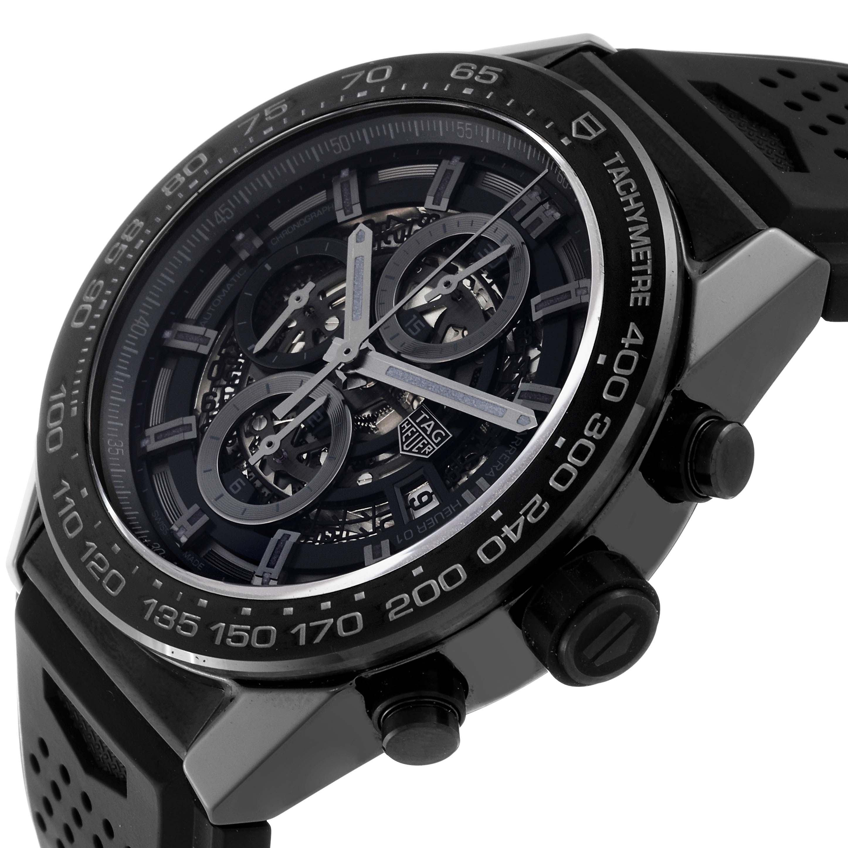 The watch in the image is a Tag Heuer Carrera CAR2A90.FT6071 Men's Ceramic Black Dial CAR2A90.FT6071 Men's Ceramic Black Dial model, shown at an angled close-up view displaying its face, bezel, and pushers.